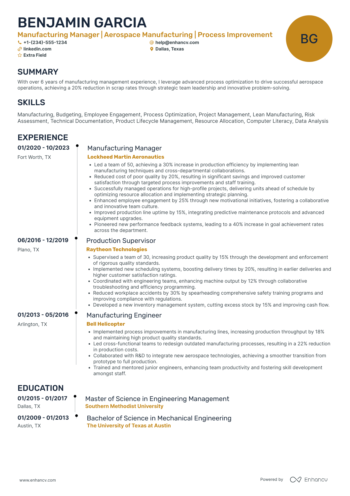 Manufacturing Inventory Manager Resume Example