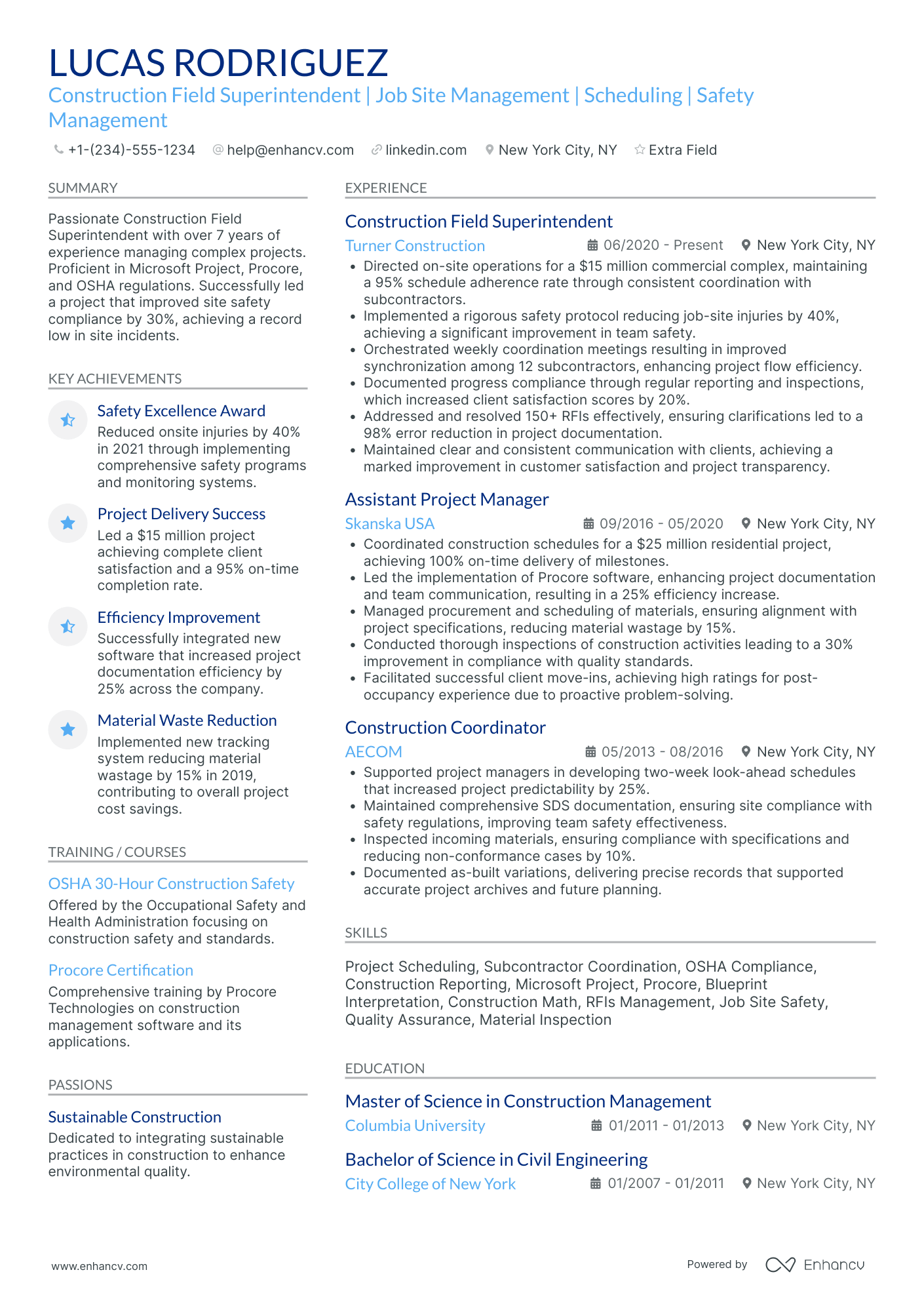 Field Construction Superintendent Resume Example