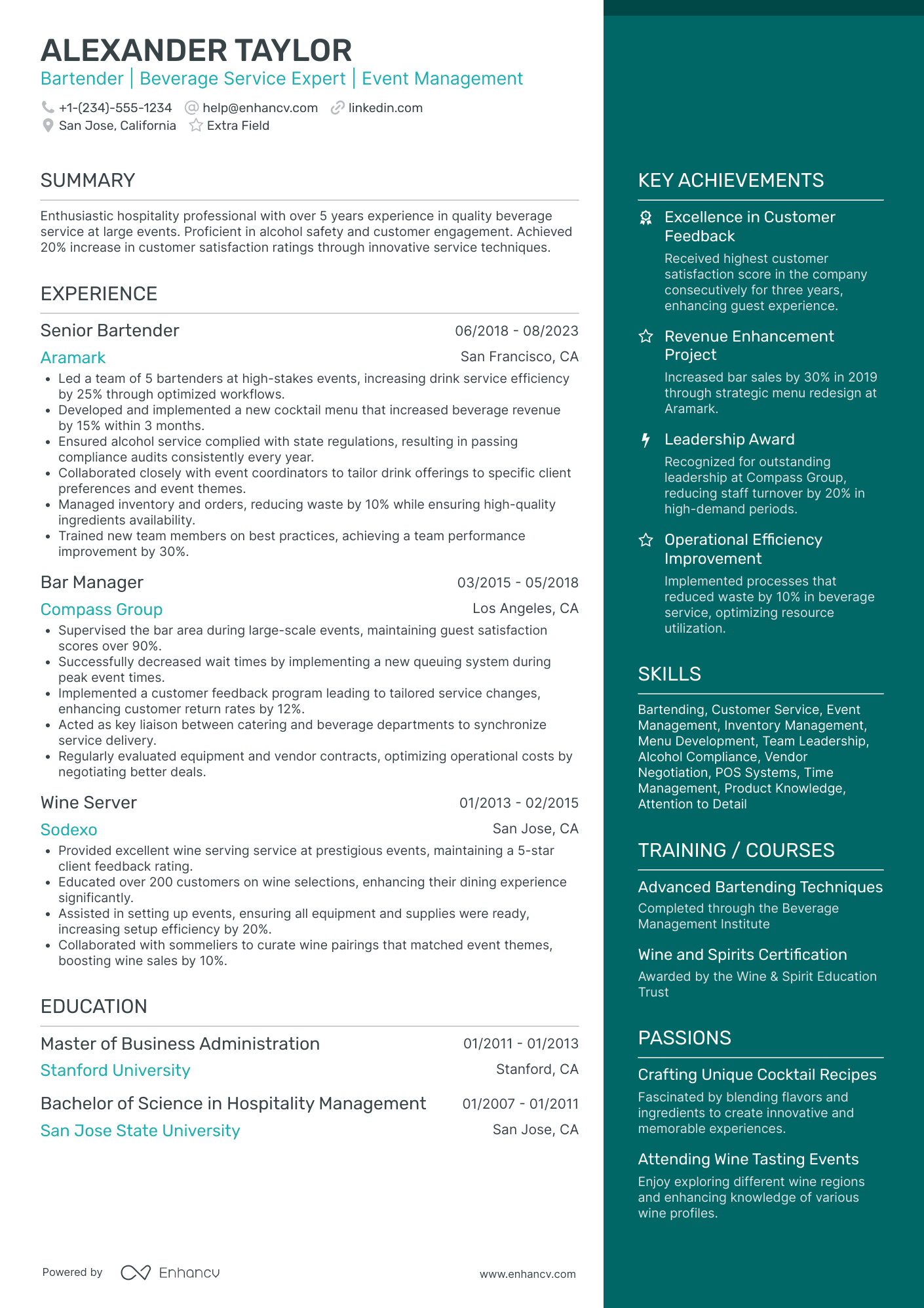 Event Bartender Resume Example