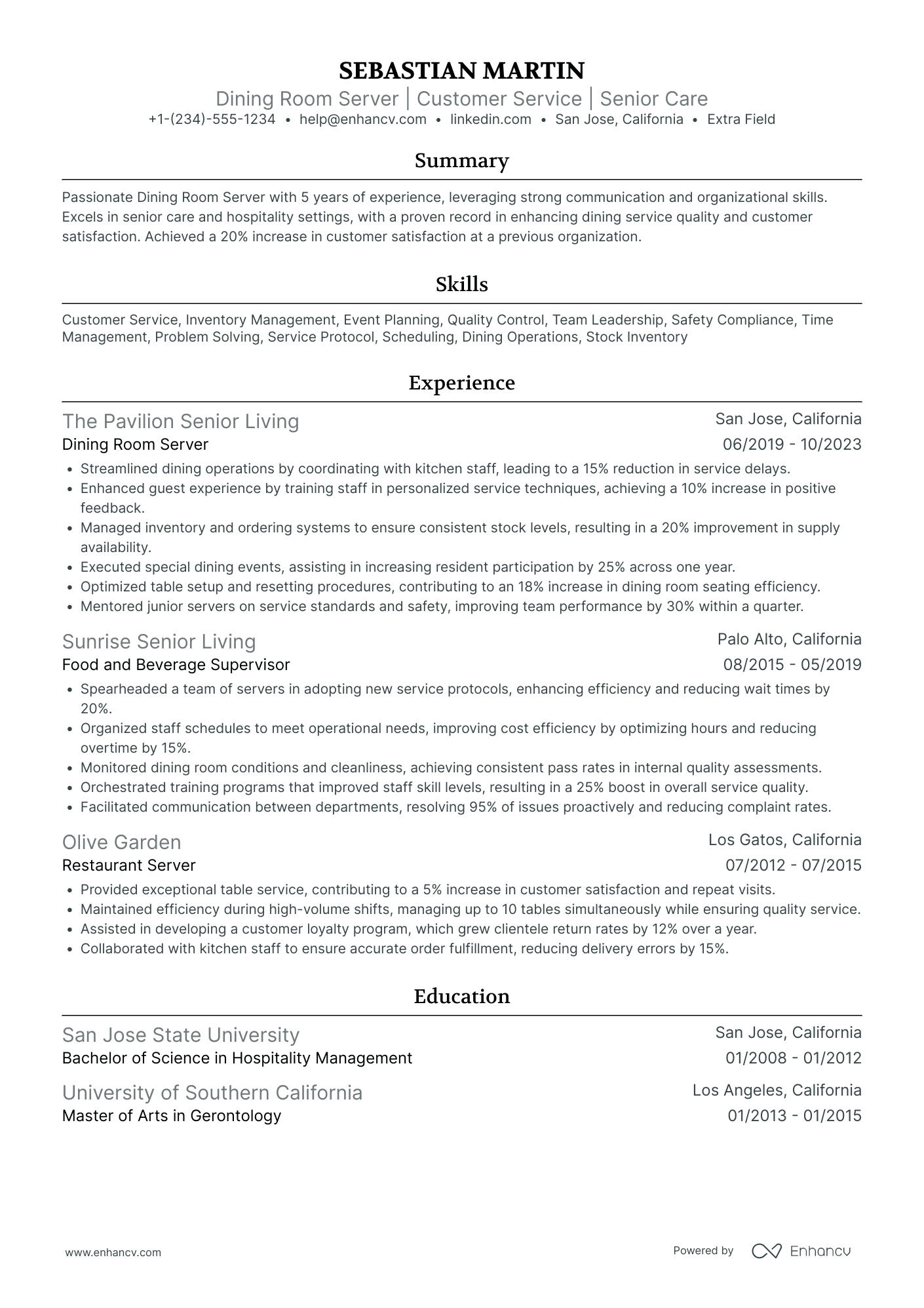 Senior Fine Dining Server Resume Example