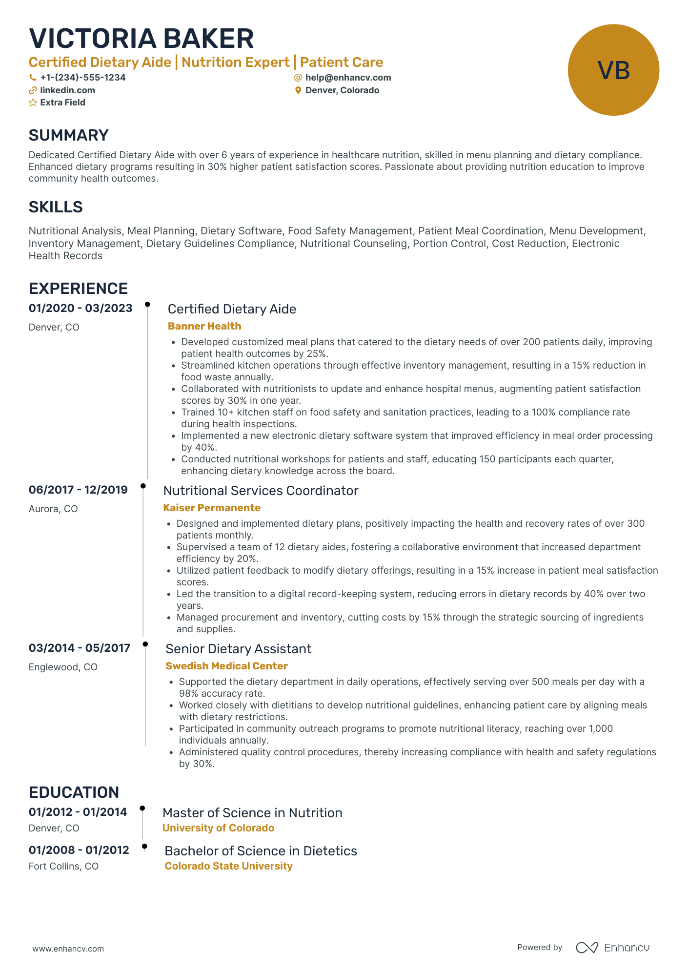 Certified Dietary Aide Resume Example