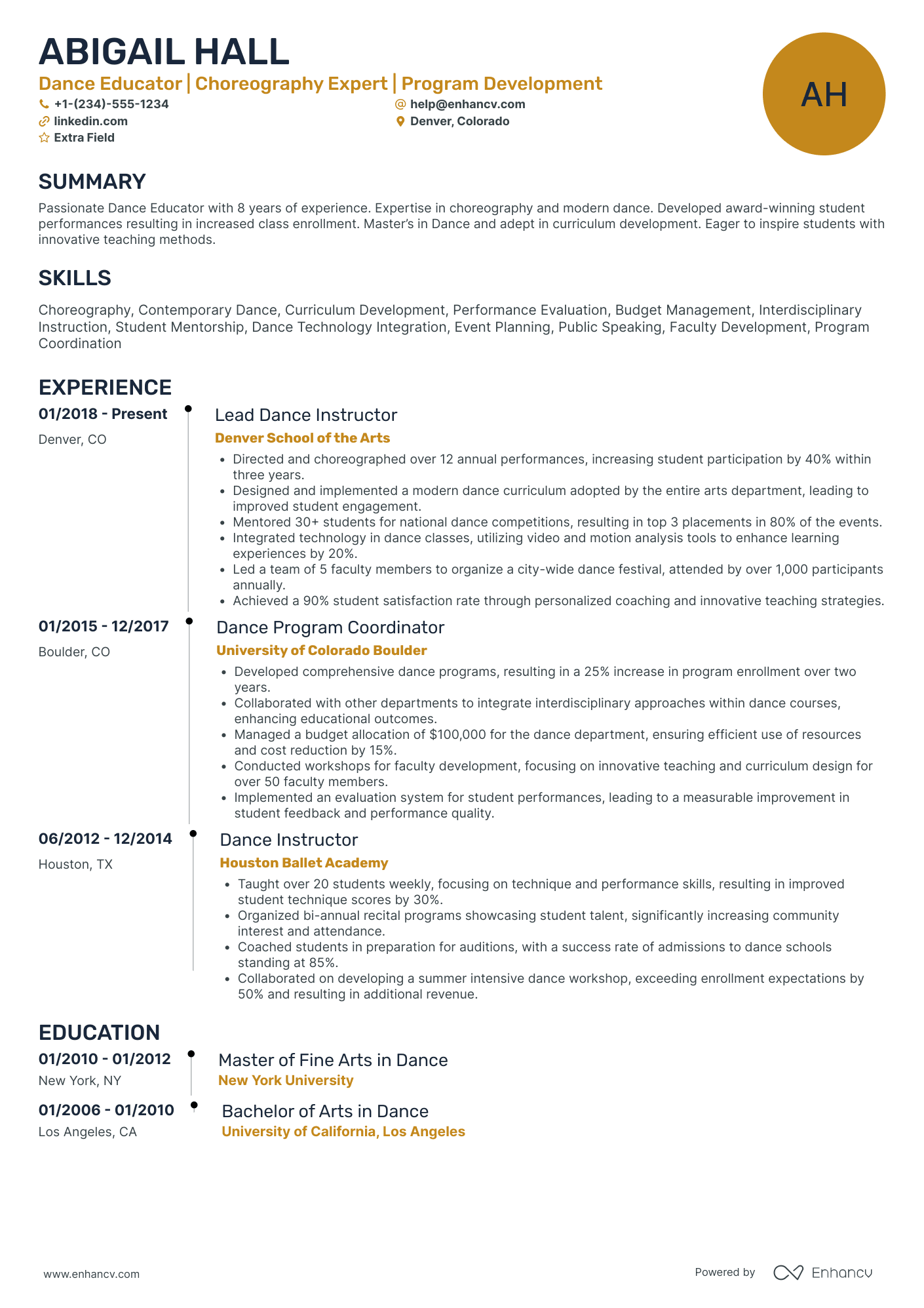 Dance Historian Resume Example