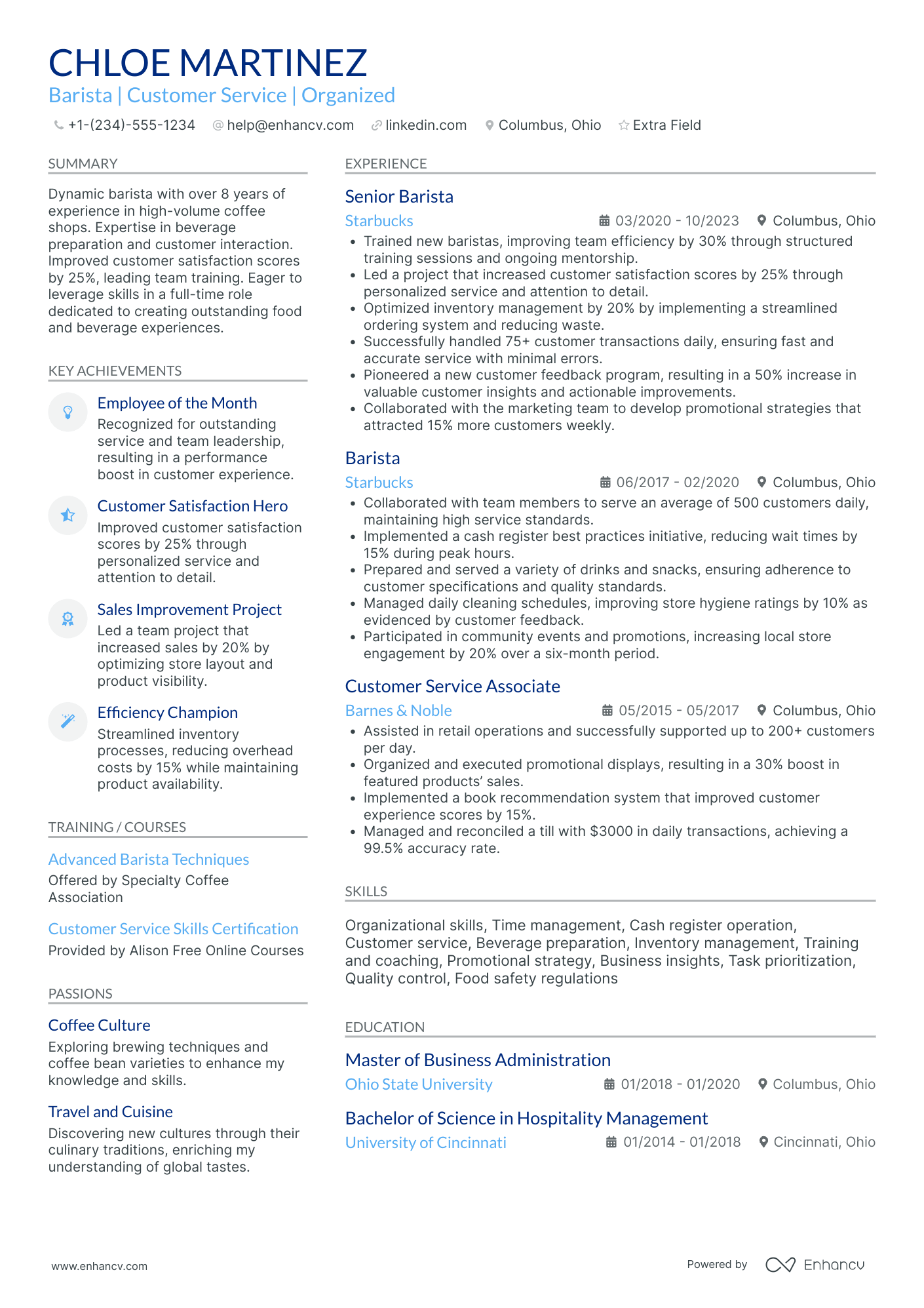 Full Time Barista Resume Example