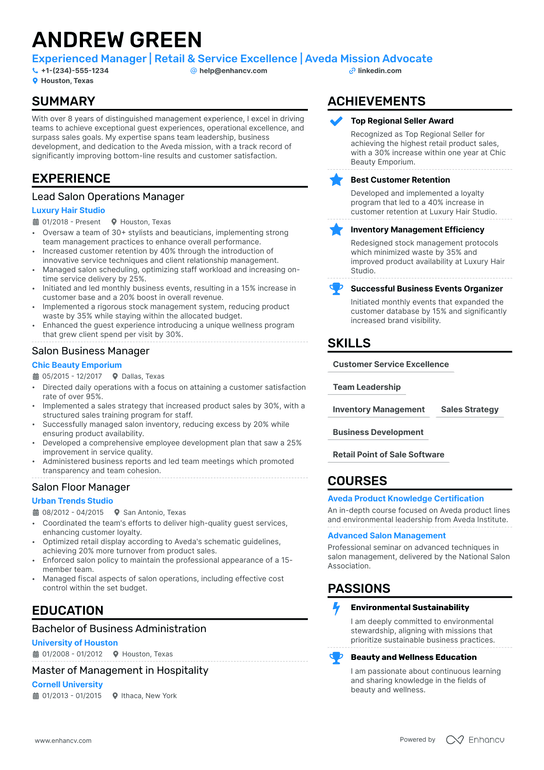 Salon Manager Resume Example