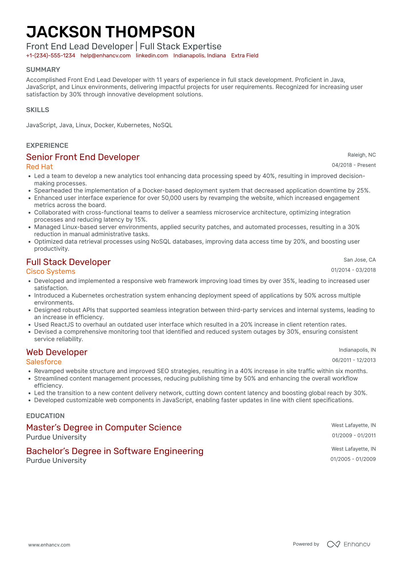 Lead Front End Developer Resume Example