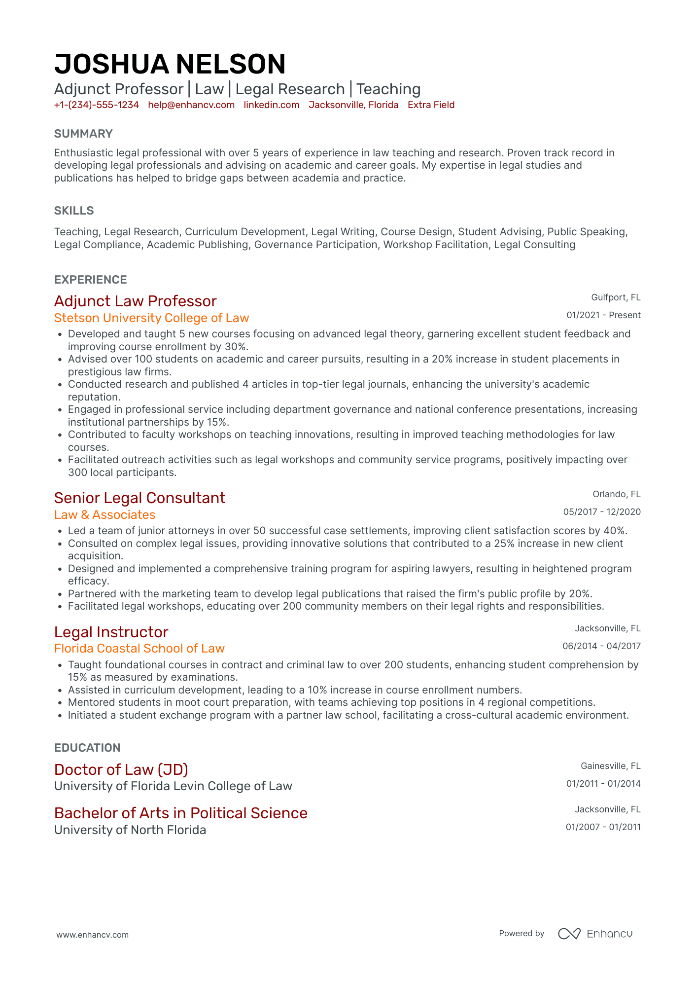 Adjunct Professor of Law Resume Example