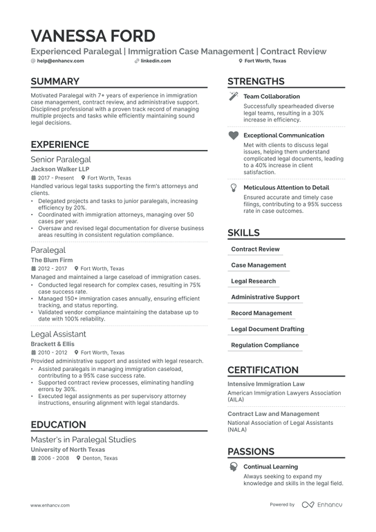Immigration Paralegal Resume Example