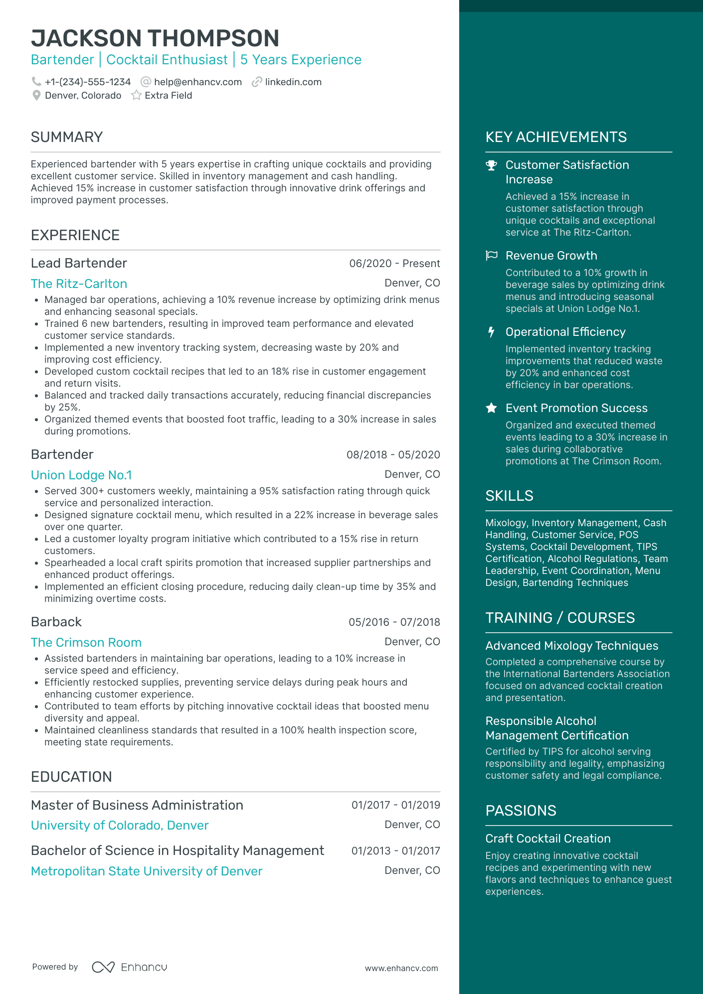 Mobile Bartender Resume Example