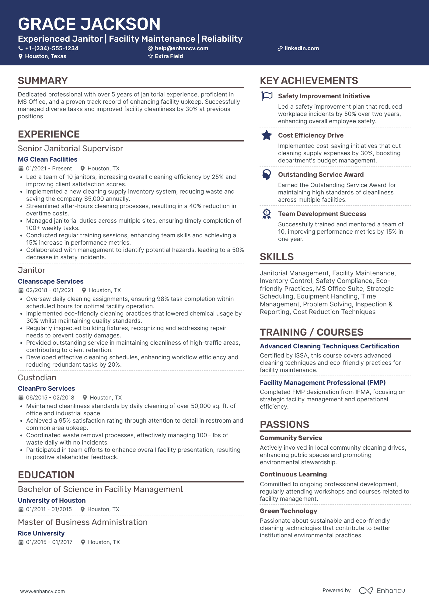 Janitorial Supervisor Resume Example