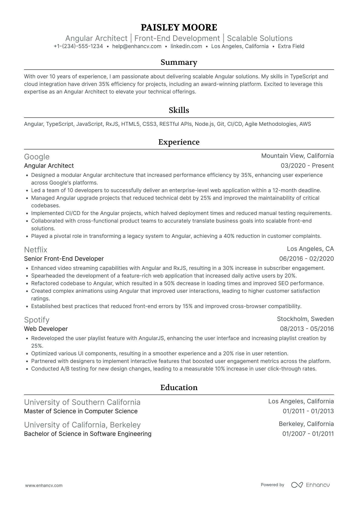 Angular Architect Resume Example