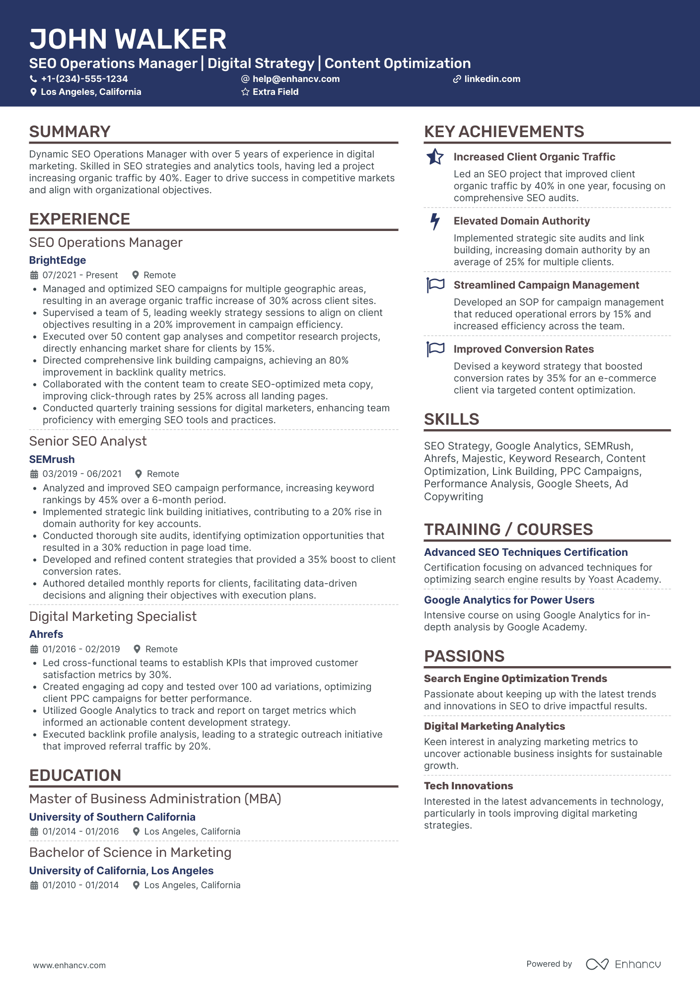 SEO Operations Manager Resume Example