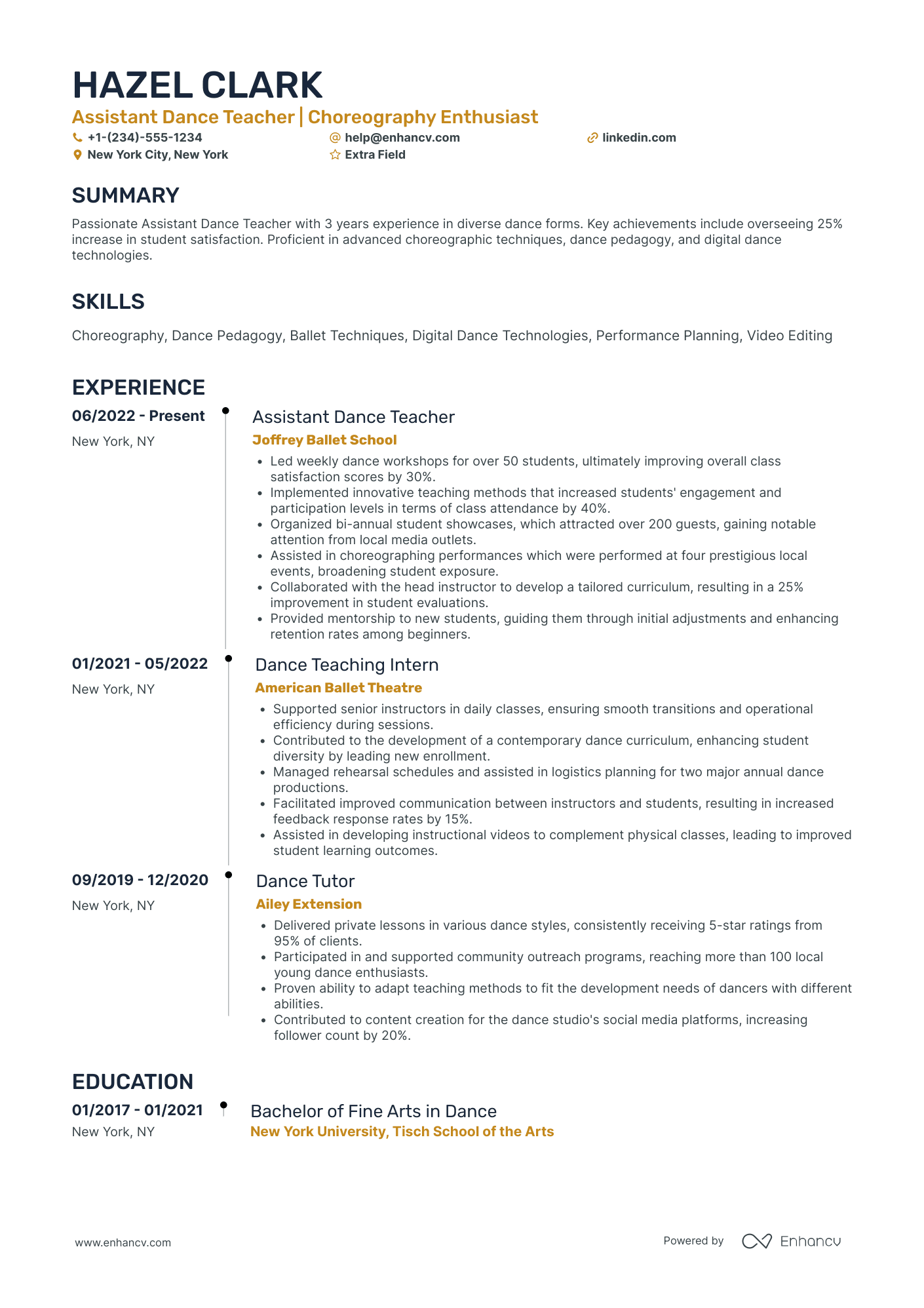 Assistant Dance Teacher Resume Example