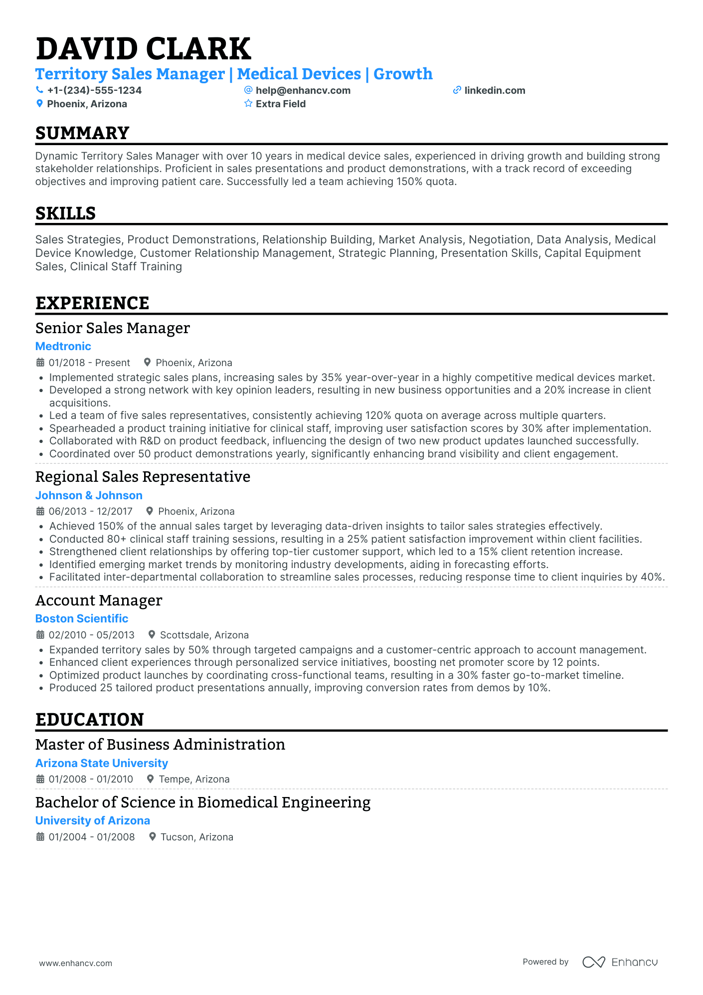 Medical Sales Territory Manager Resume Example