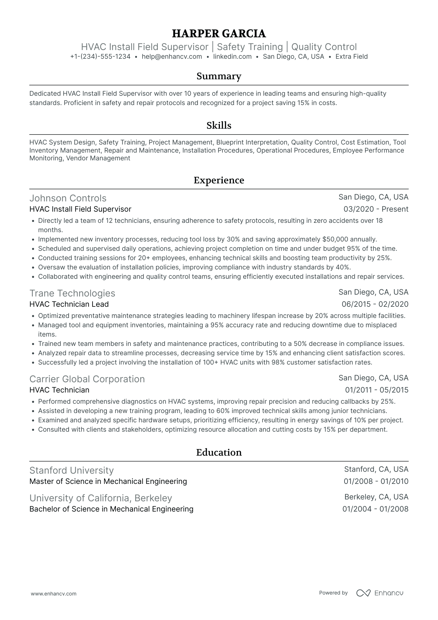 HVAC Field Supervisor Resume Example