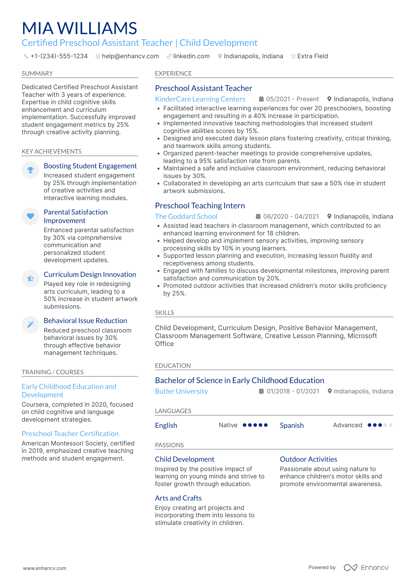 Certified Preschool Assistant Teacher Resume Example