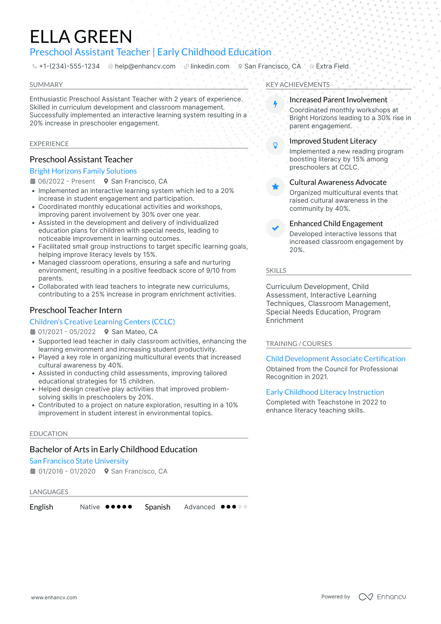 Full Time Preschool Assistant Teacher Resume Example