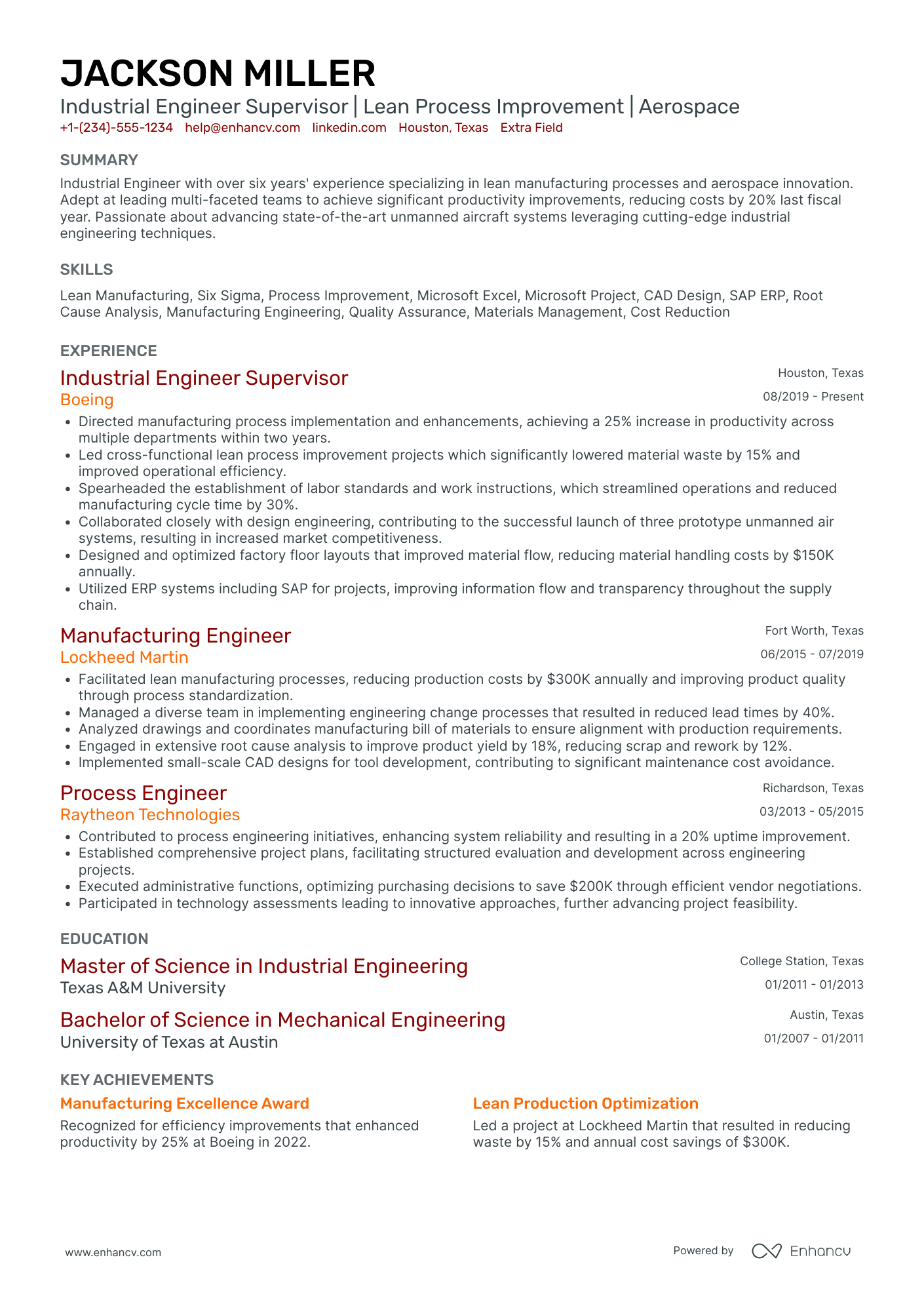 Industrial Engineering Supervisor Resume Example