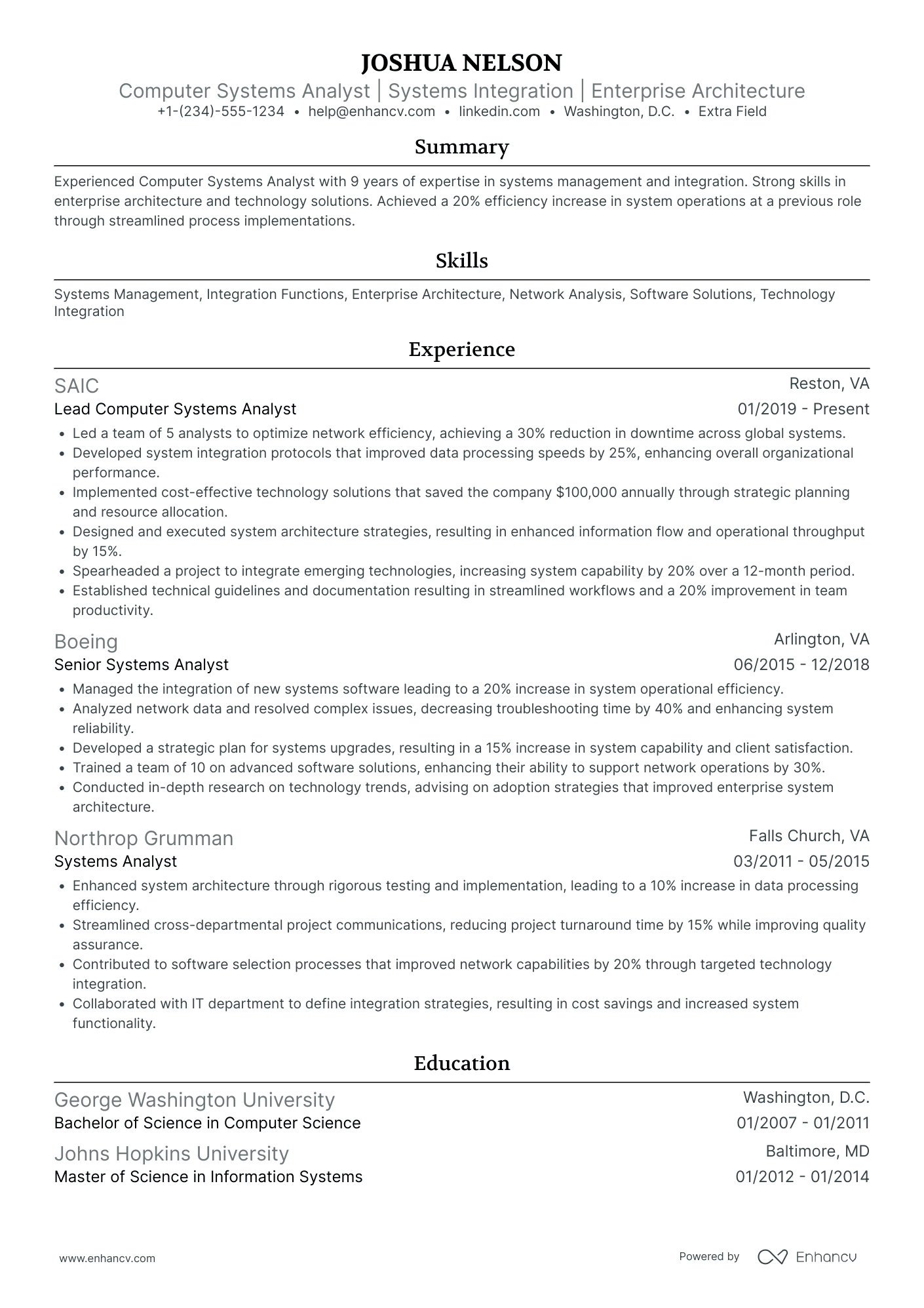 Computer Science Systems Analyst Resume Example