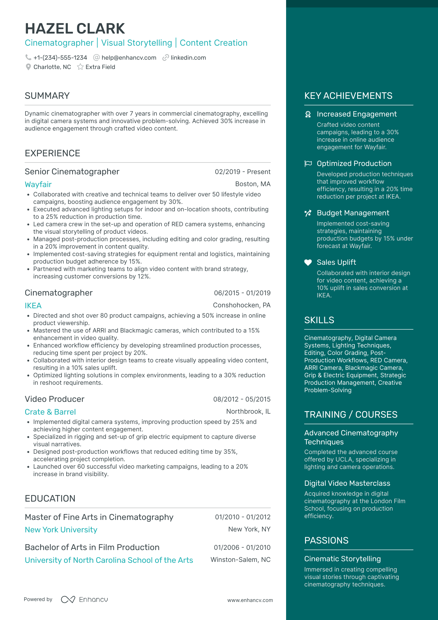 Commercial Cinematographer Resume Example