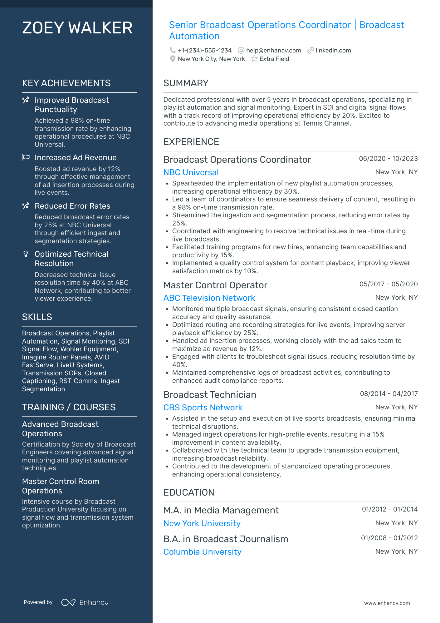 Broadcast Production Coordinator Resume Example