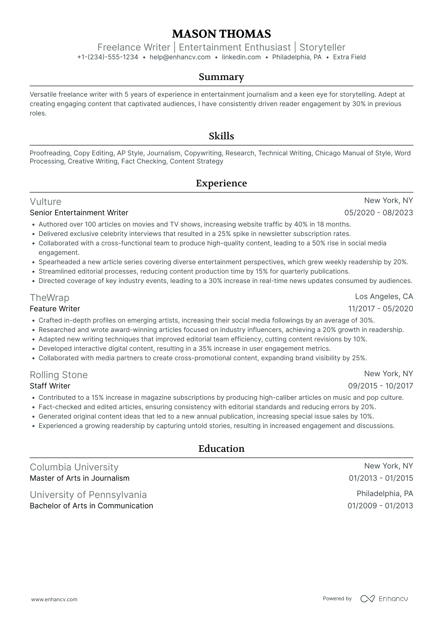 Freelance Script Writer Resume Example