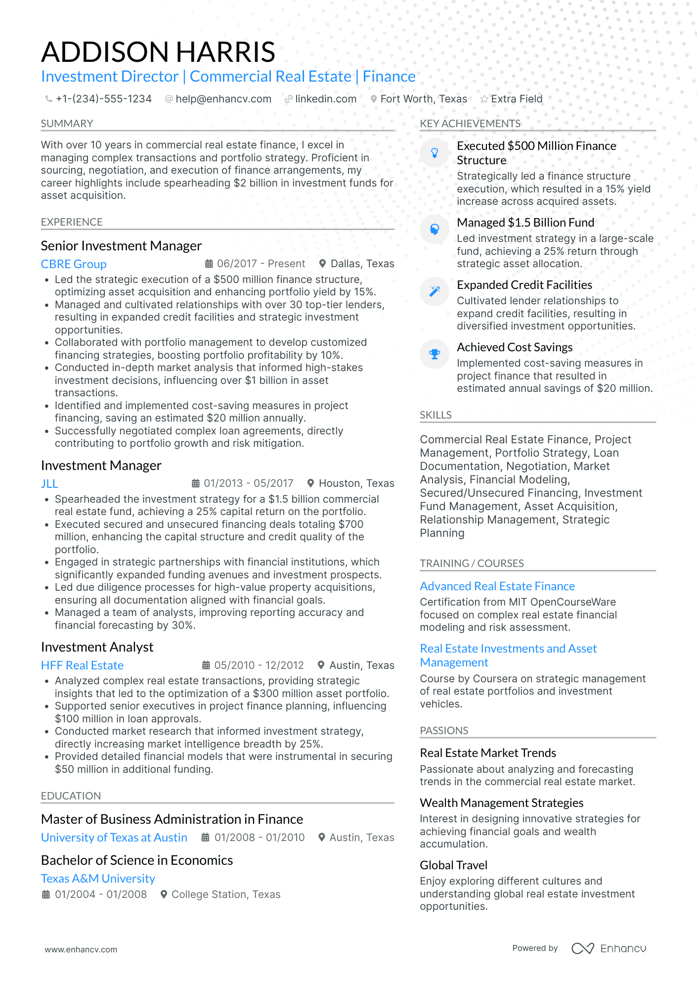 Senior Investment Manager Resume Example