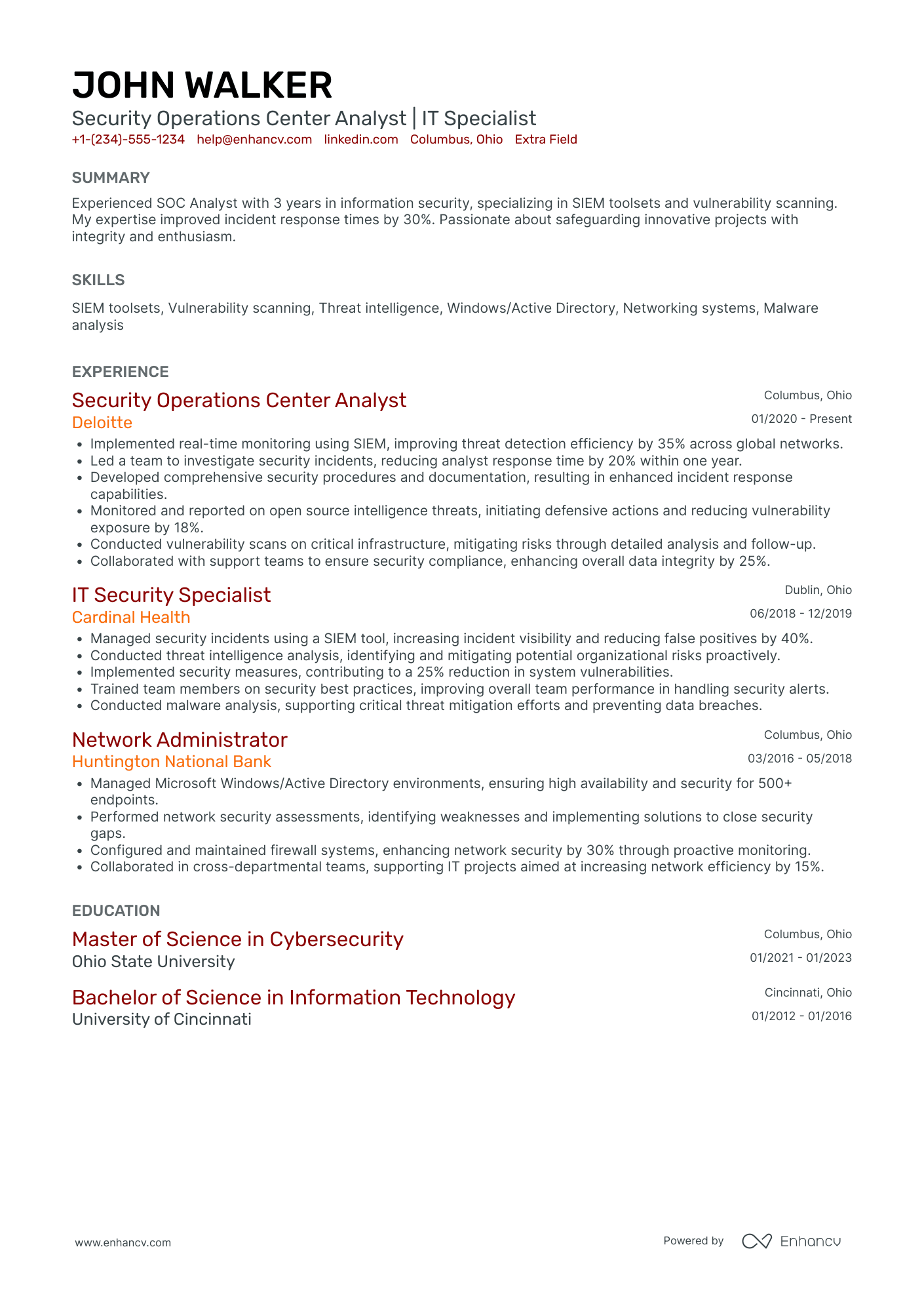 Security Operations Center (SOC) Analyst Resume Example