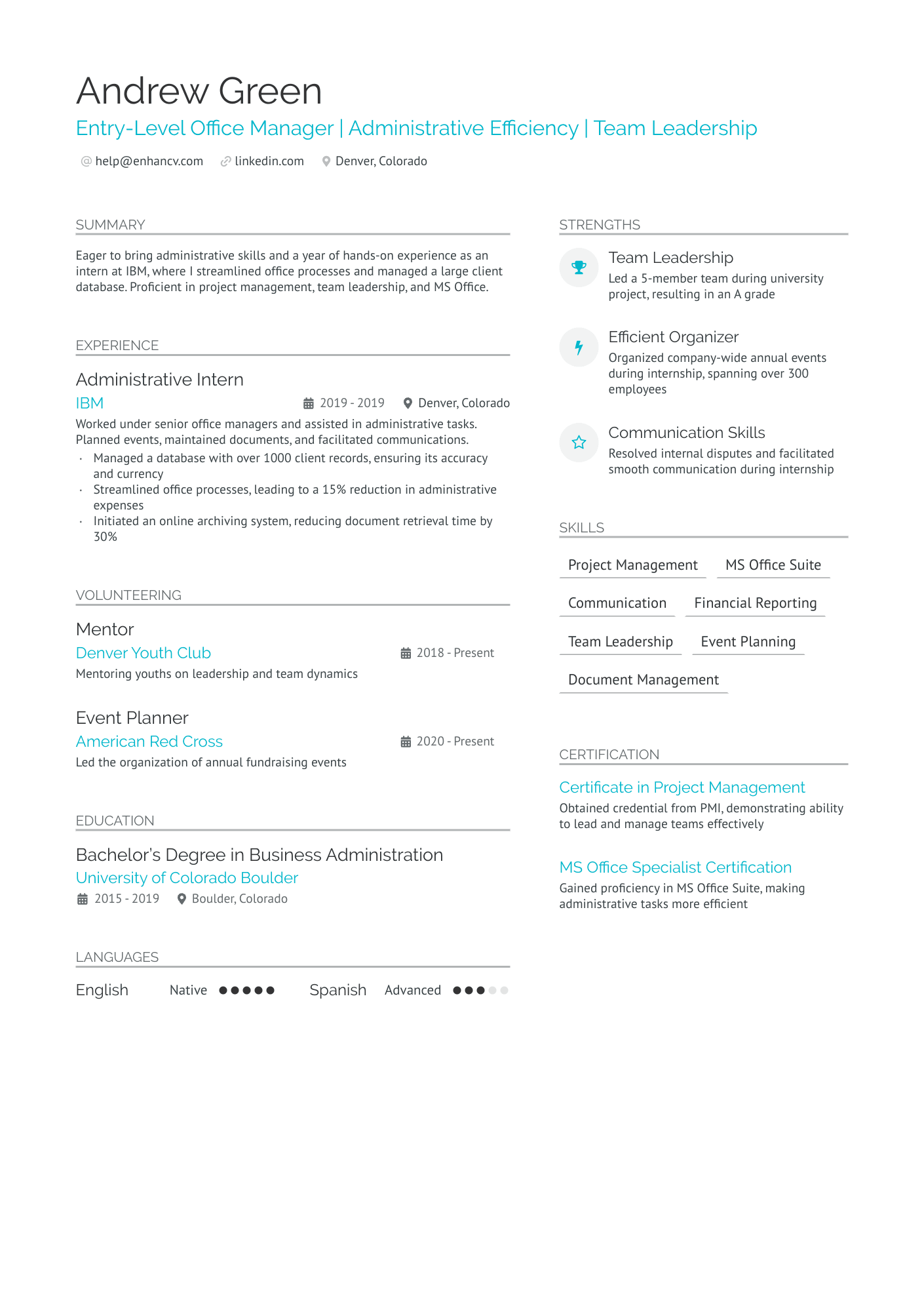 Entry Level Office Manager Resume Example