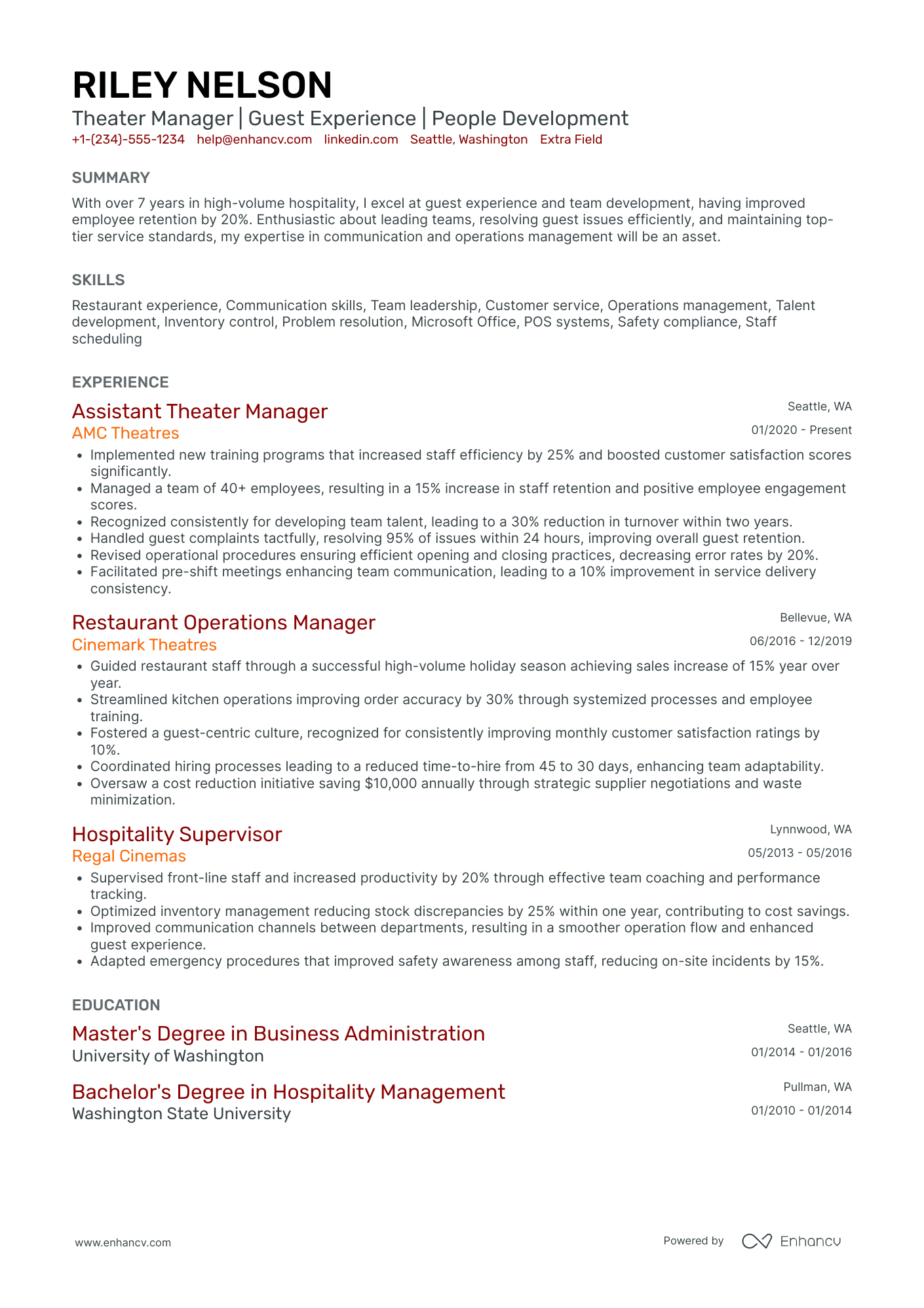 Theater Manager Resume Example