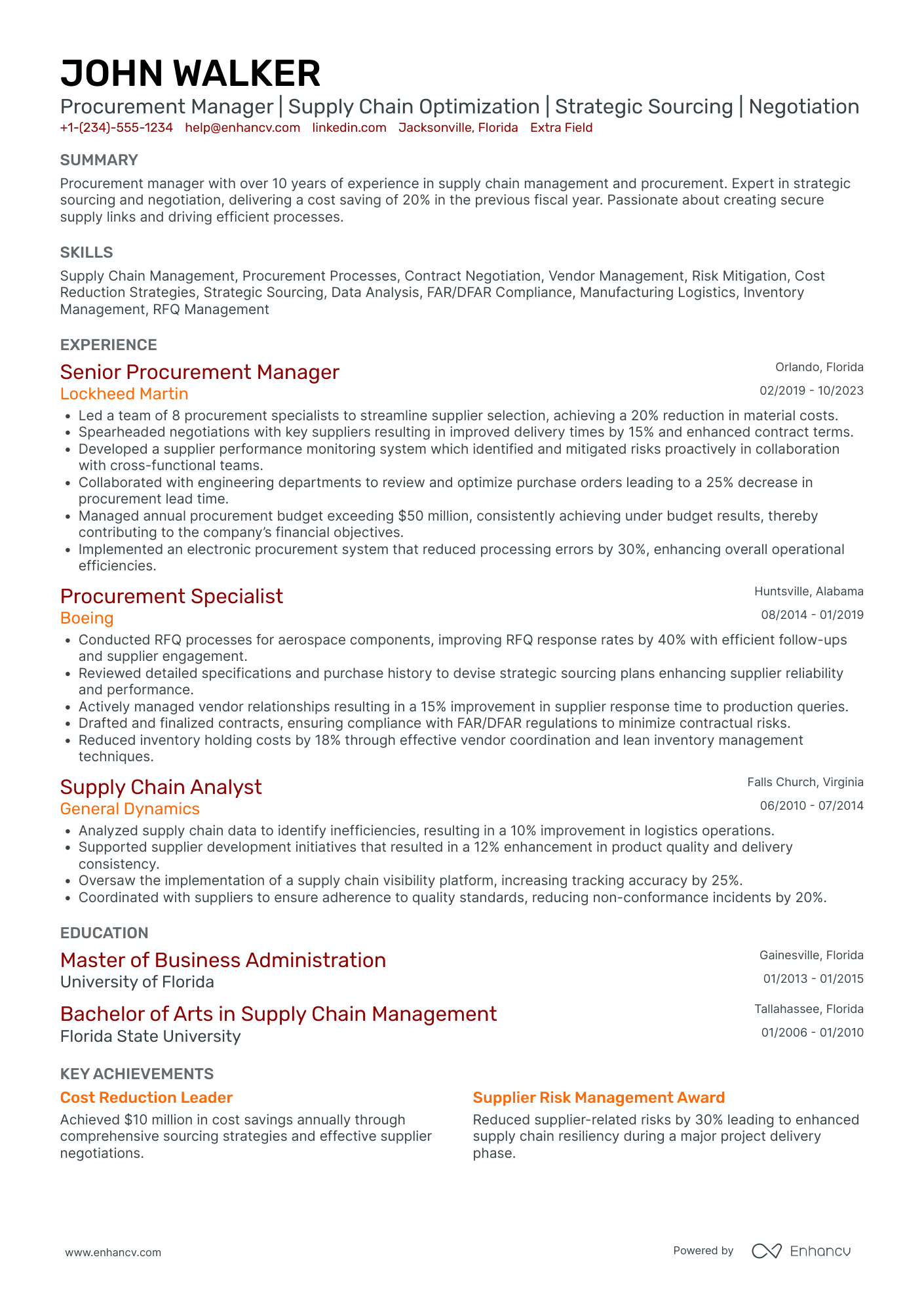 Supply Chain Procurement Manager Resume Example