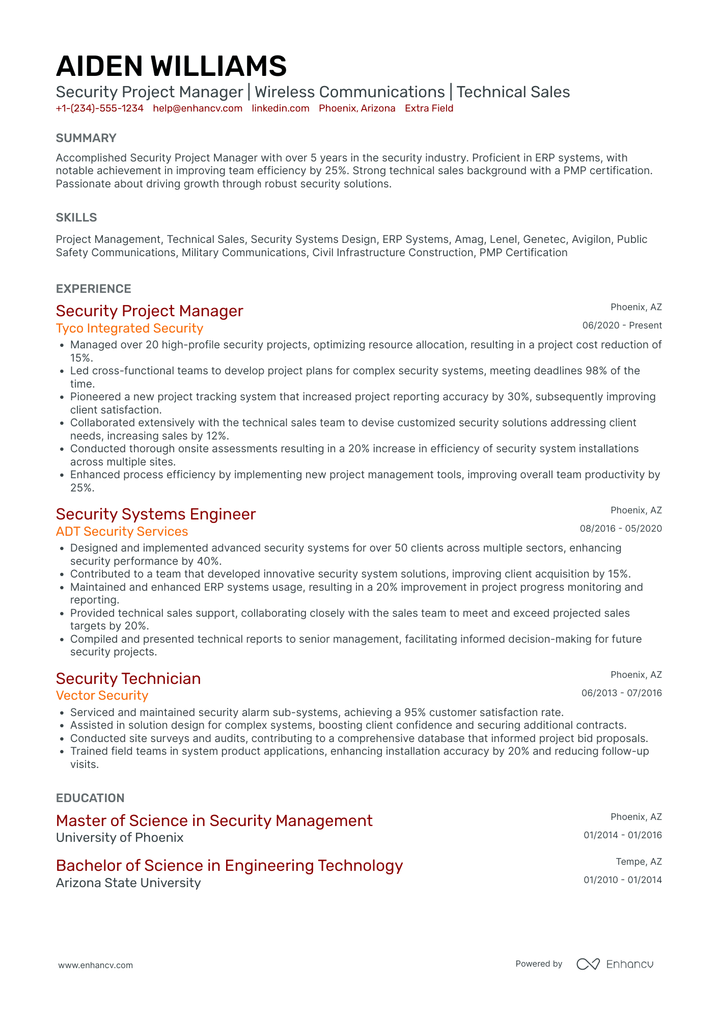 Security Project Manager Resume Example