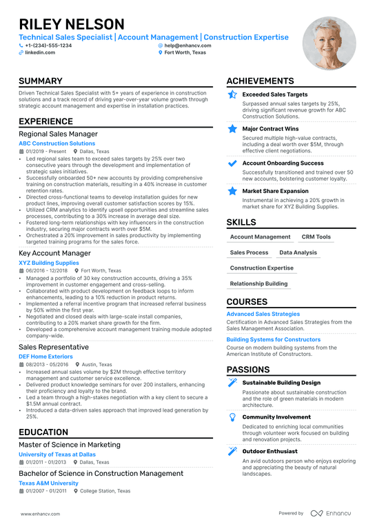 Technical Sales Manager Resume Example