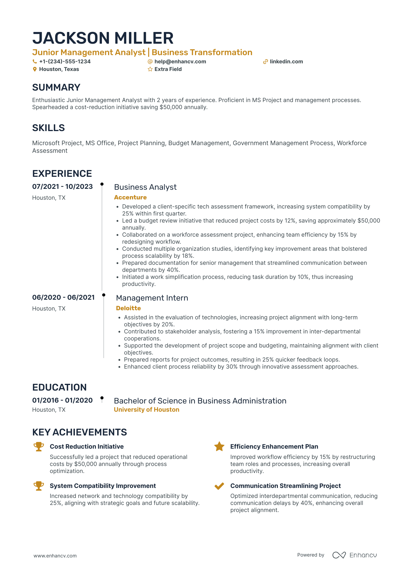 Junior Change Management Analyst Resume Example