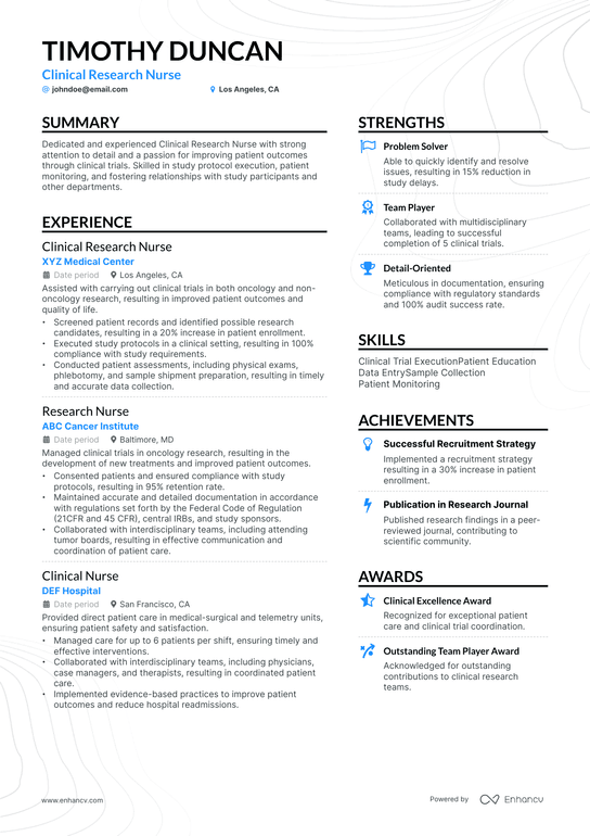Clinical Research Nurse Resume Example