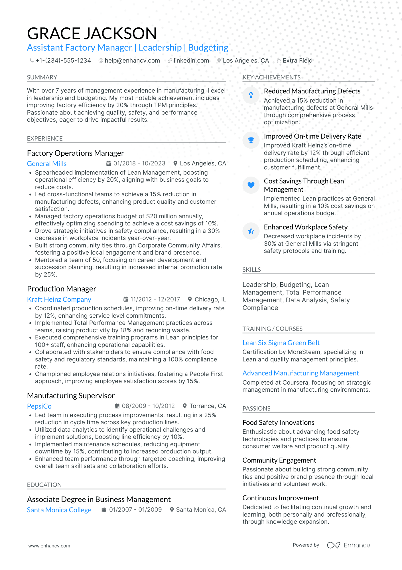 Assistant Factory Manager Resume Example