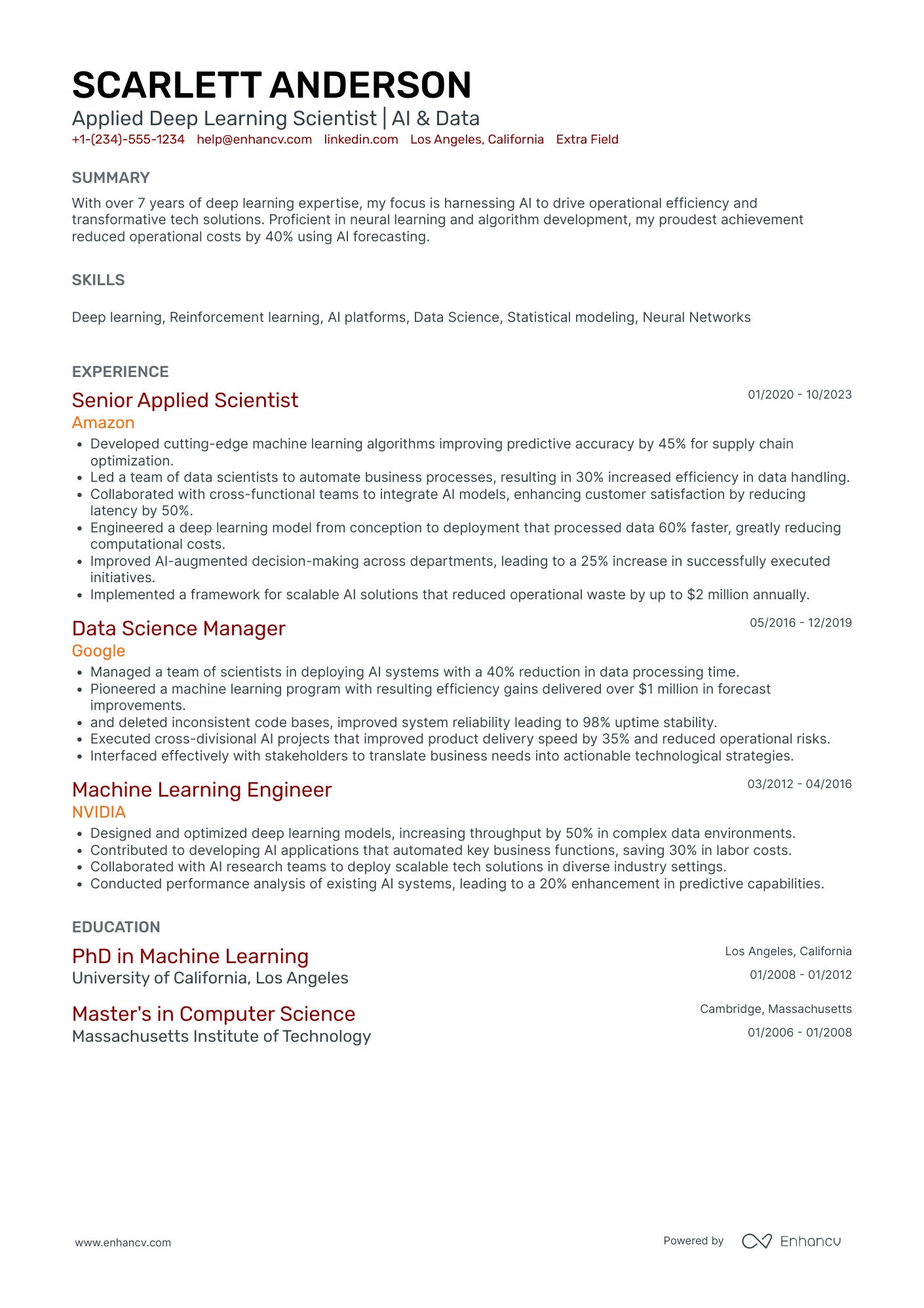 Applied Machine Learning Scientist Resume Example