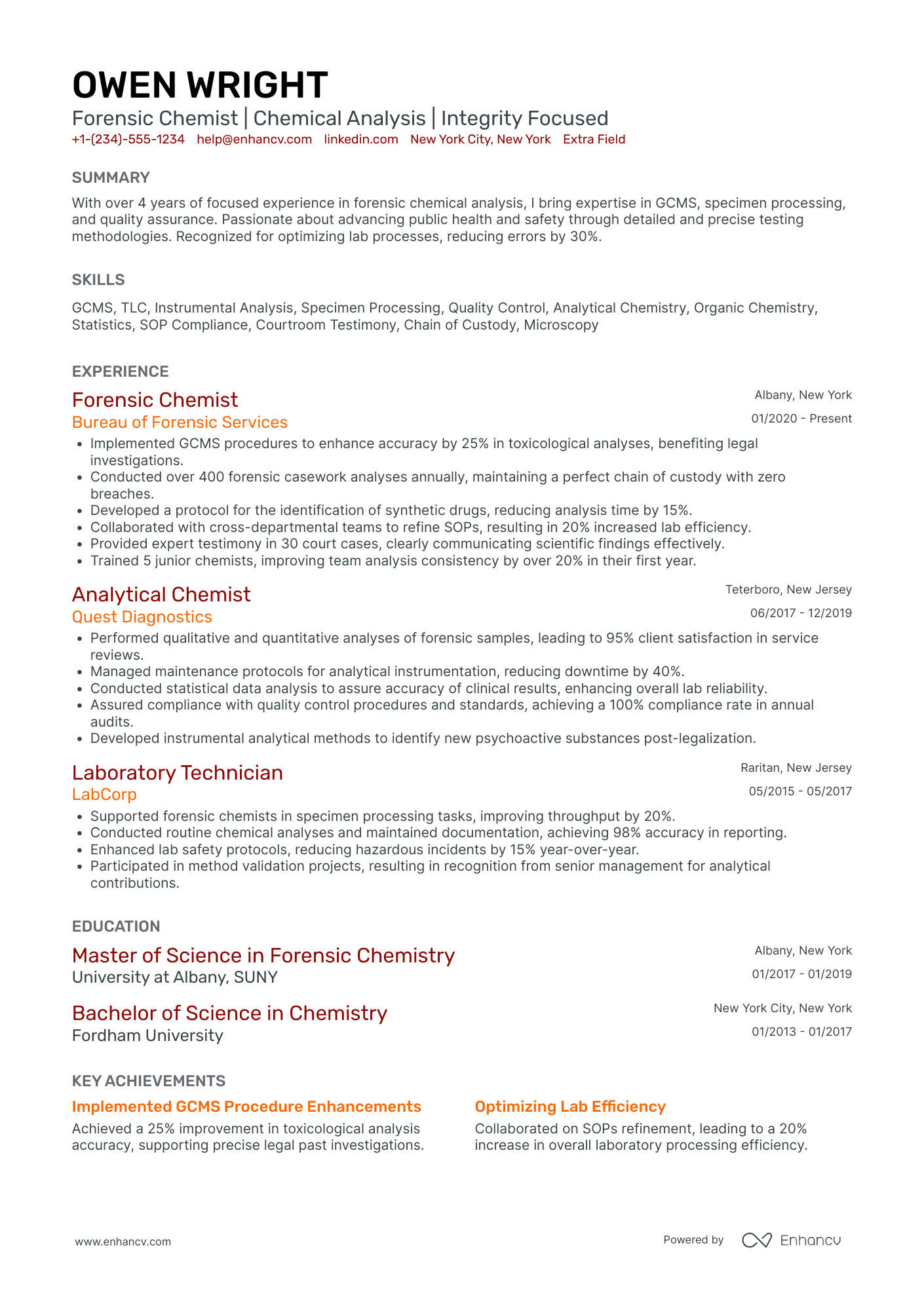 Forensic Chemist Resume Example