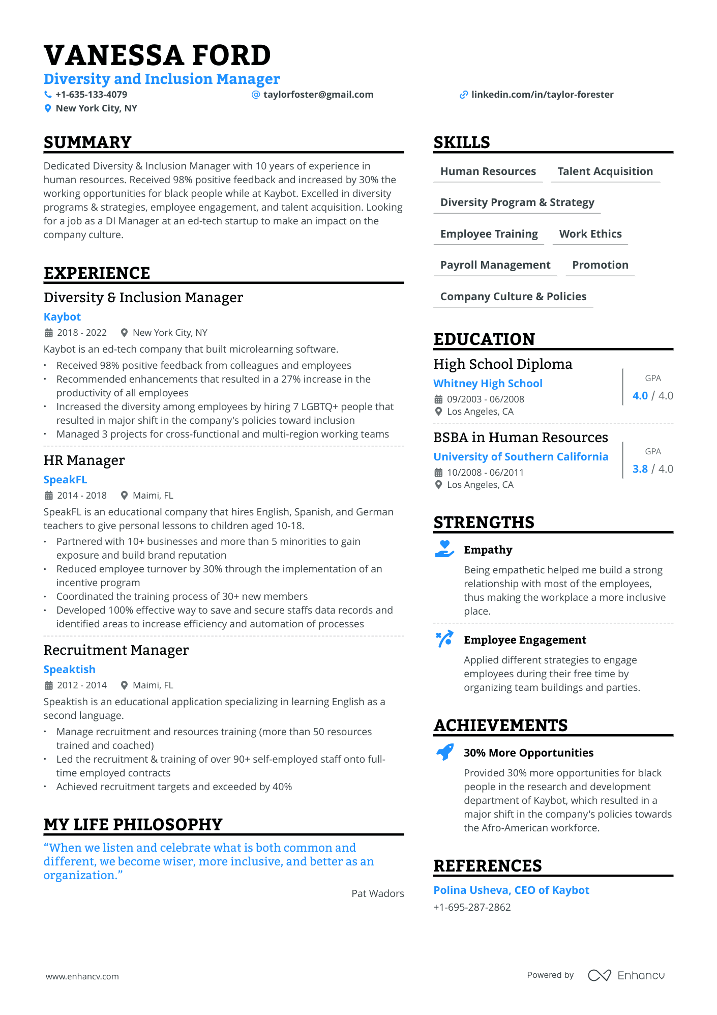 Diversity And Inclusion Manager Resume Example