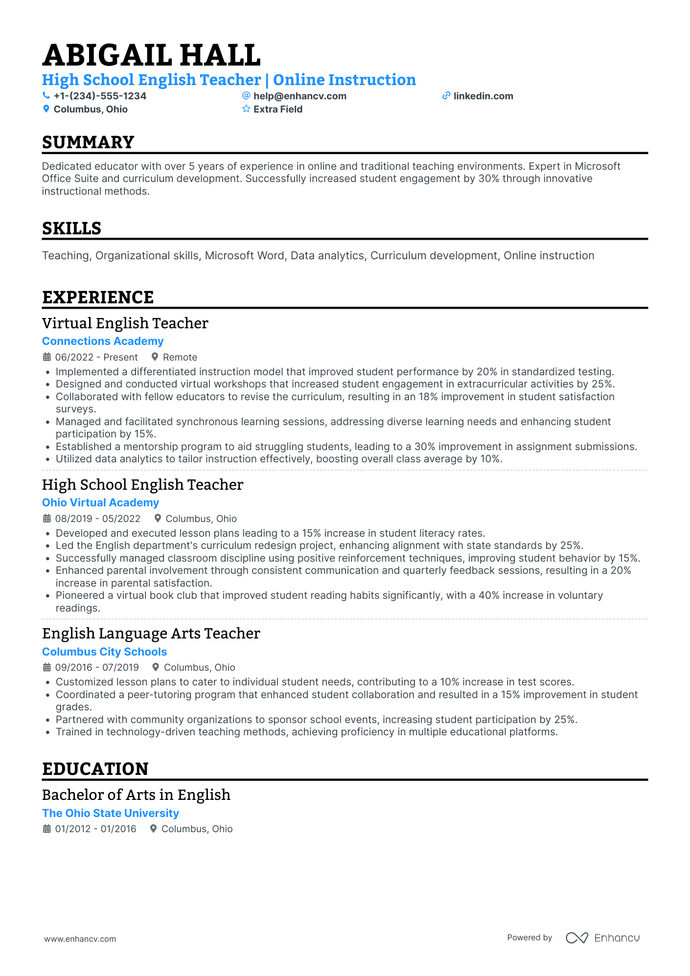 Online English Teacher Resume Example