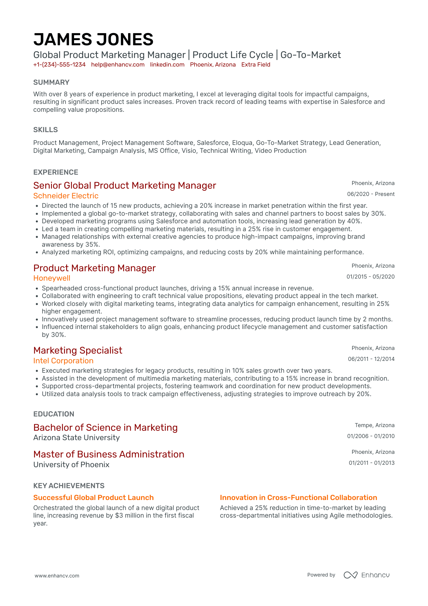 Global Product Marketing Manager Resume Example