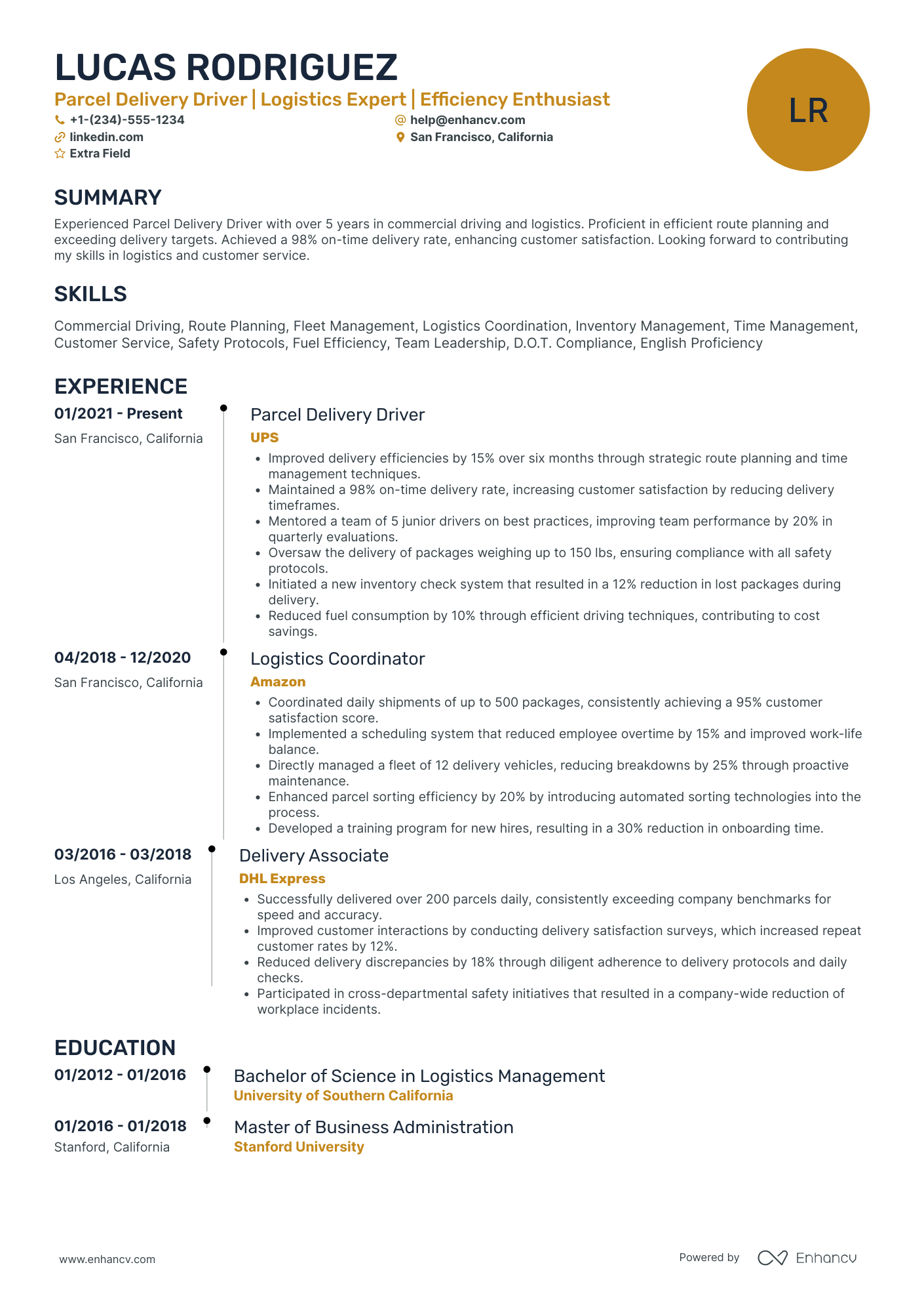 Parcel Delivery Driver Resume Example