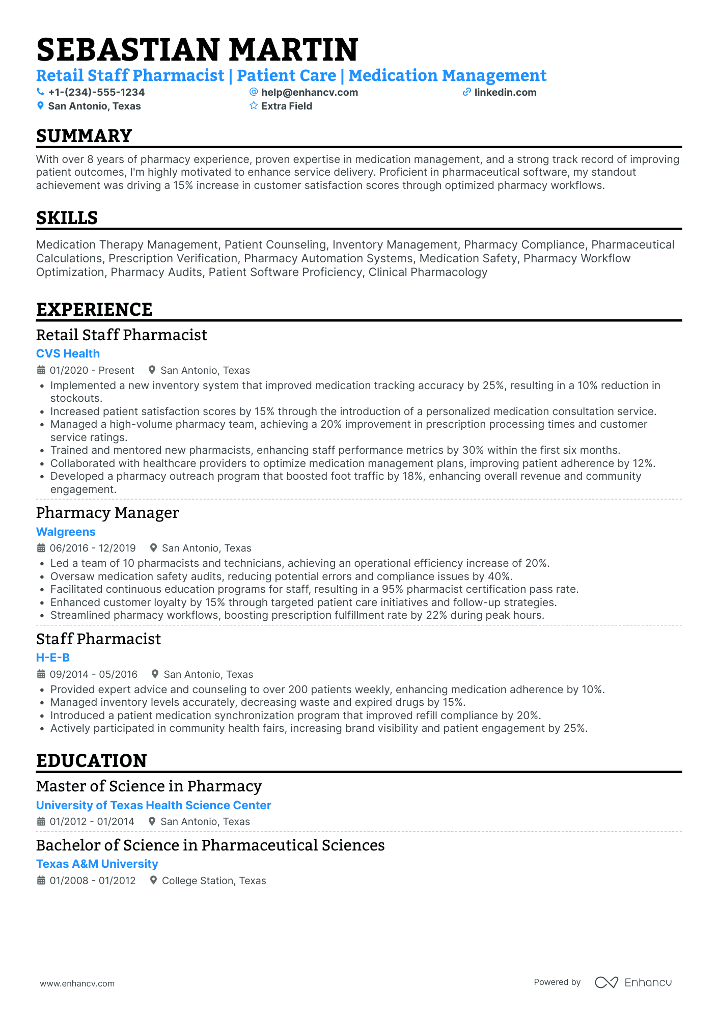 Retail Staff Pharmacist Resume Example