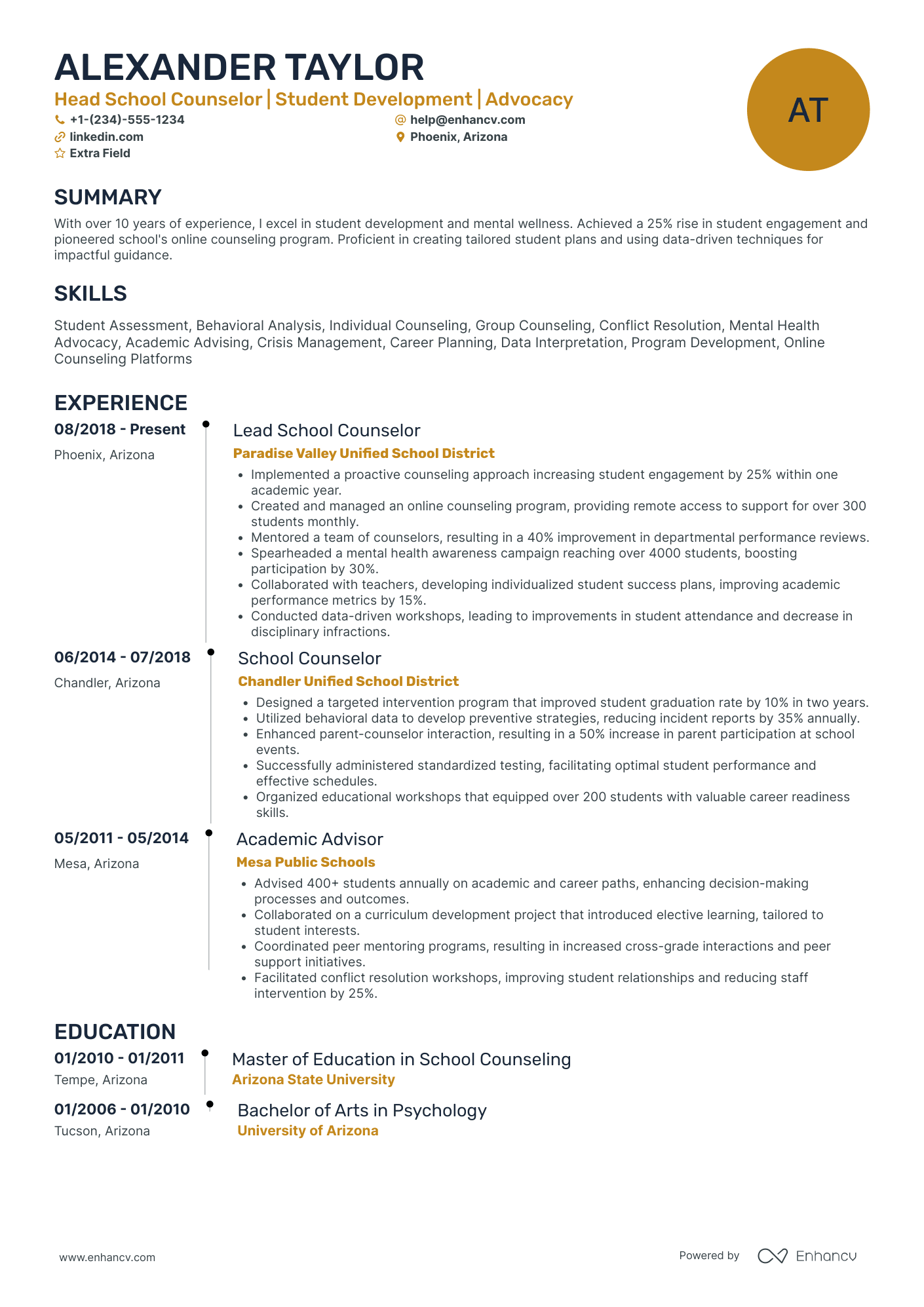 Head School Counselor Resume Example