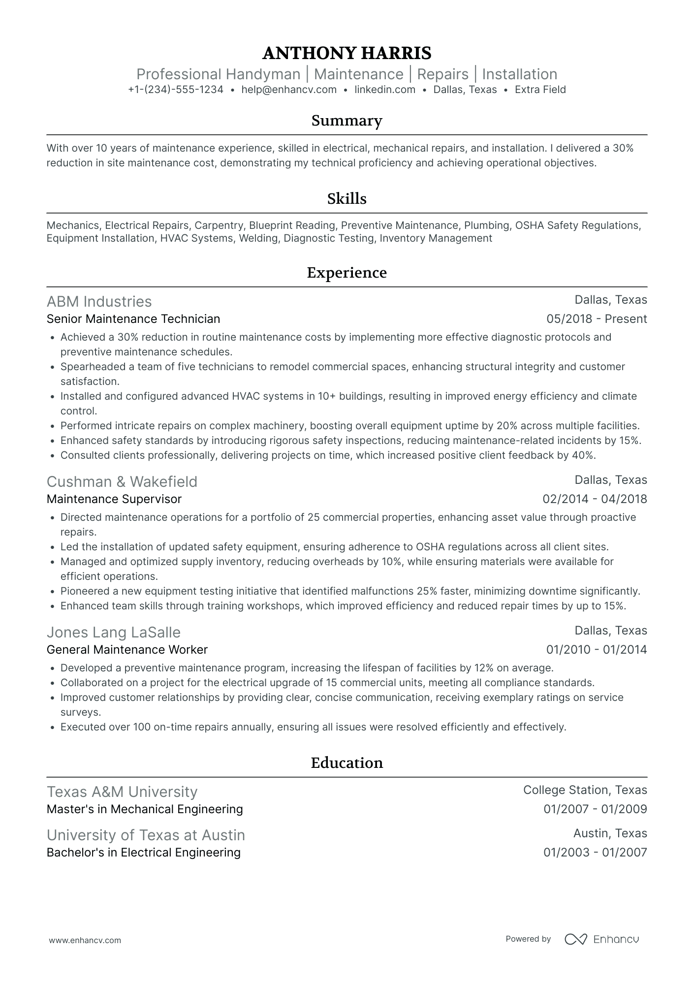 Handyman Foreman Resume Example