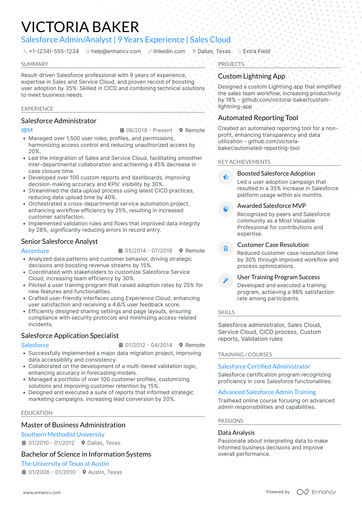 Salesforce Admin/Analyst Resume Example