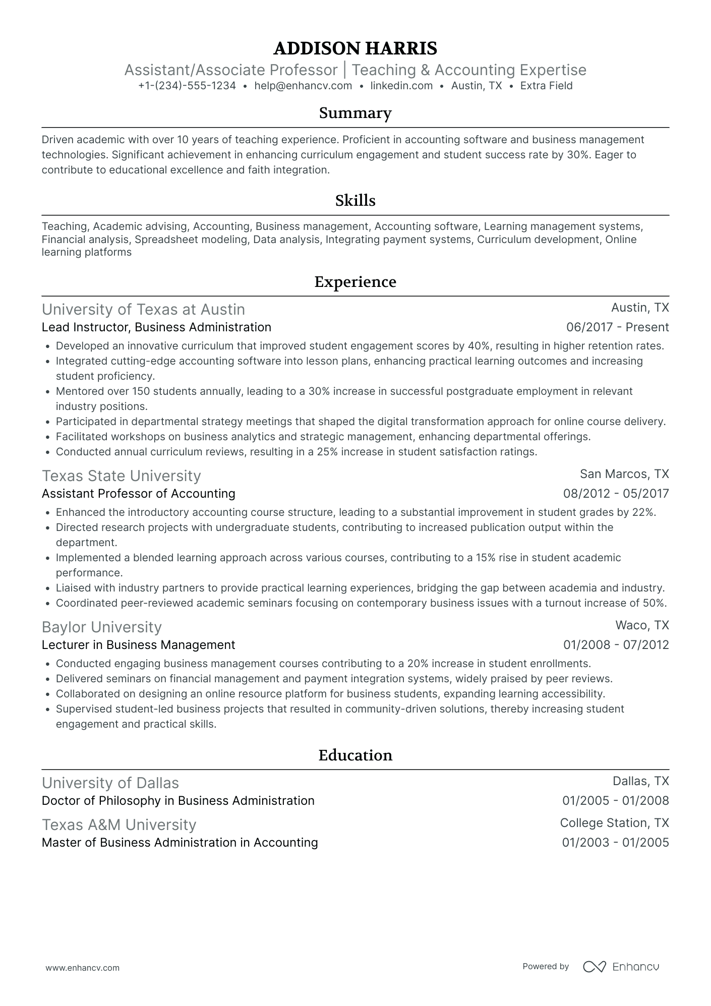 Associate Professor of Business Administration Resume Example