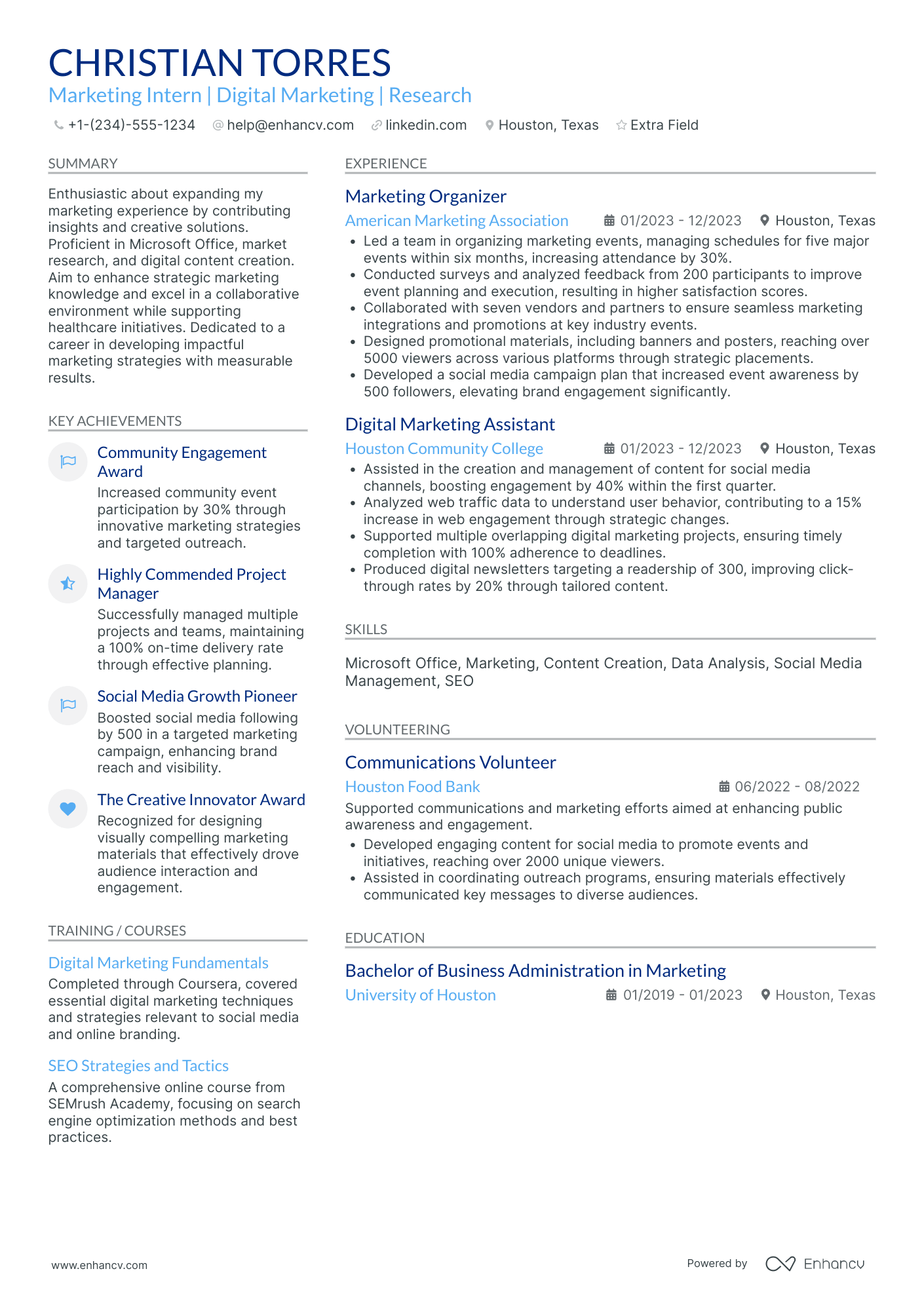 Graduate Marketing Intern Resume Example