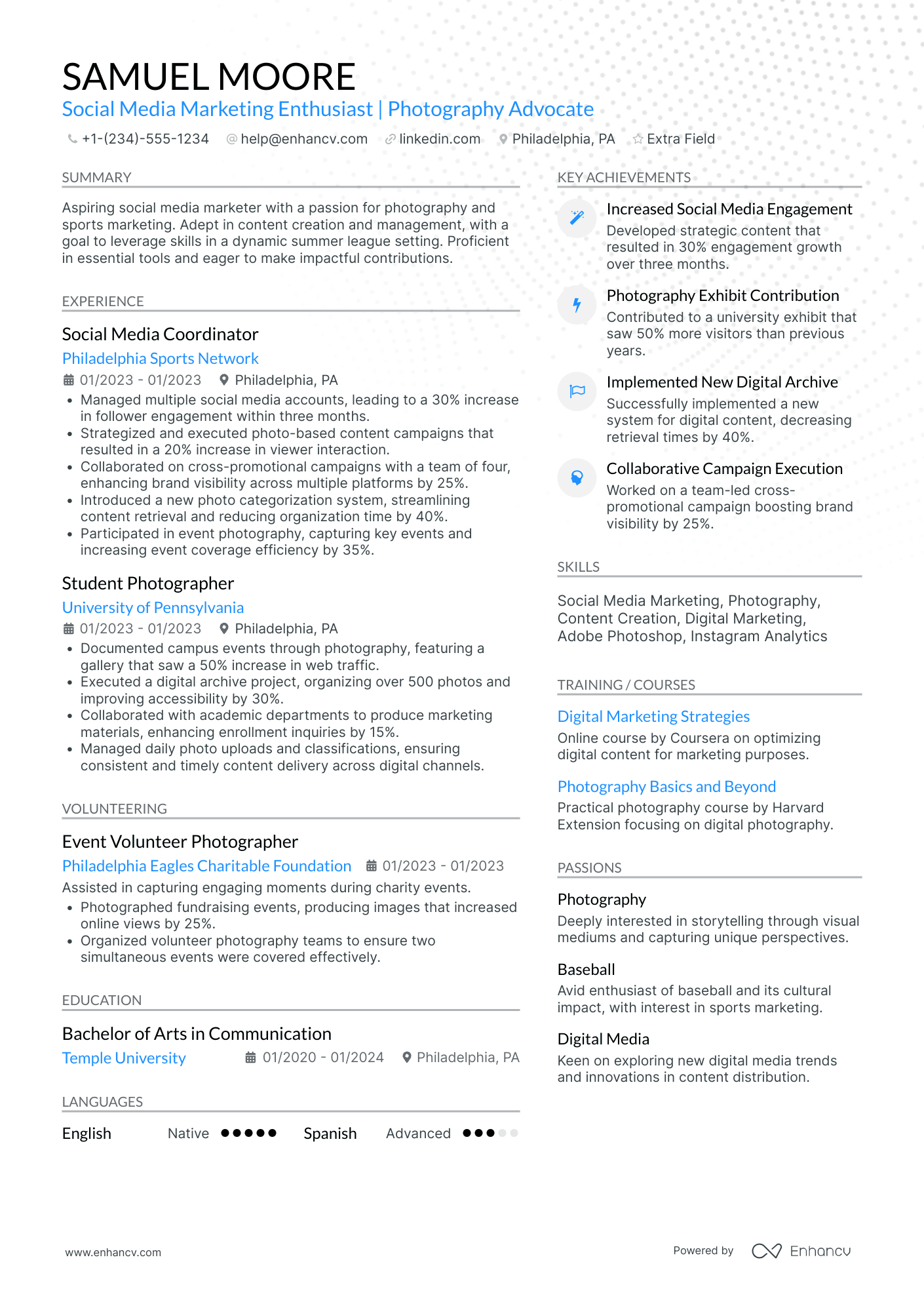 Social Media and Content Creation Intern Resume Example