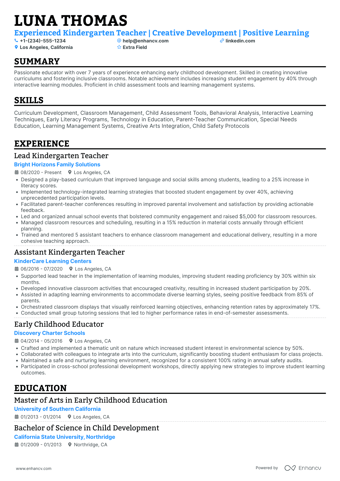 Part Time Kindergarten Teacher Resume Example