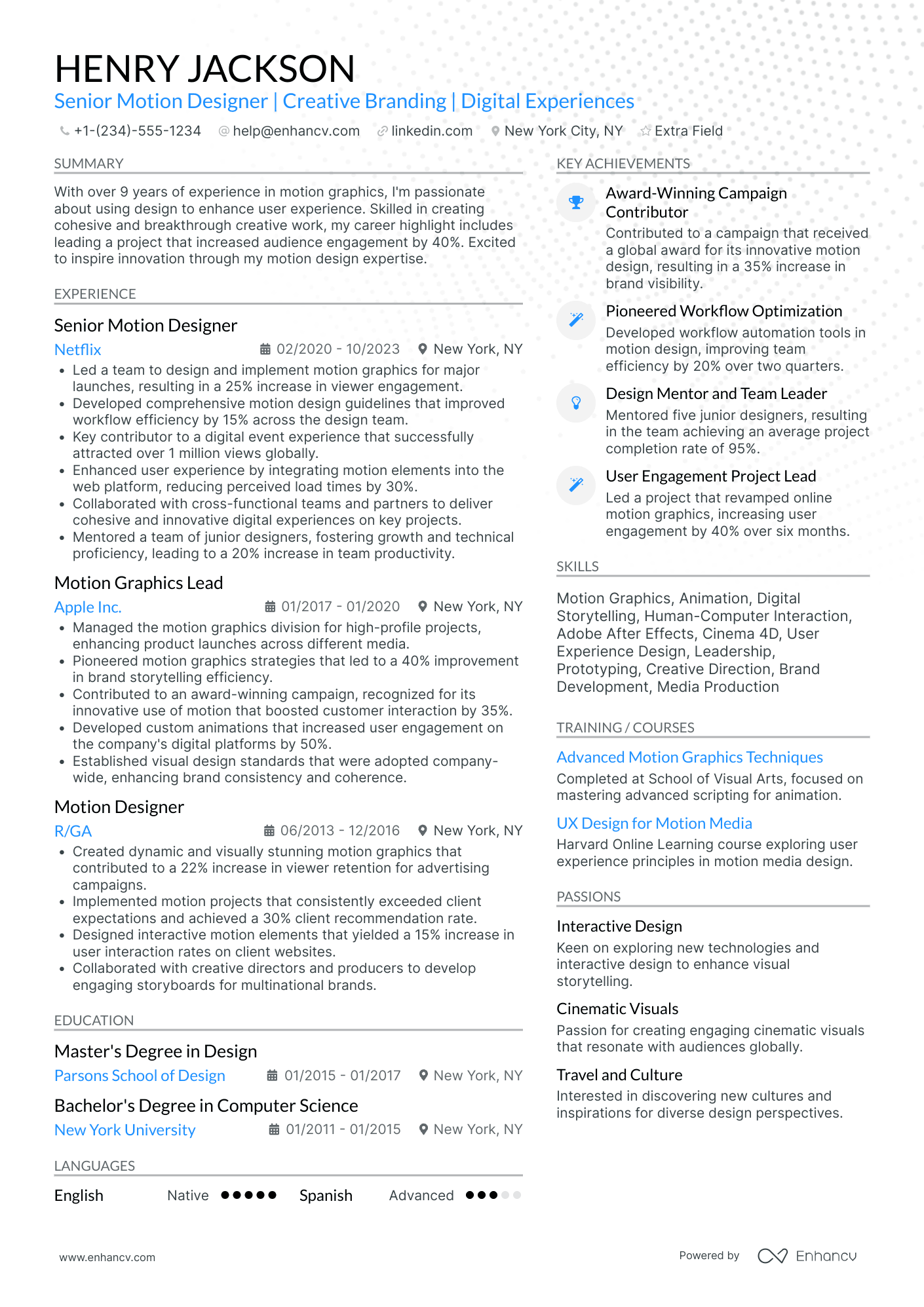 Motion Graphics Animator Resume Example